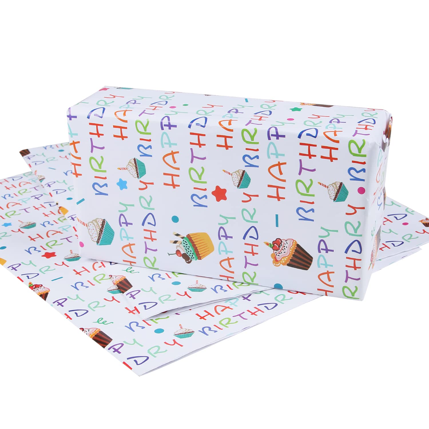 Happy Birthday Wrapping Paper for Kids - 3 Pack Folded Gift Wrap Sheets (19.7x27.2 Inches) with Birthday Cake Design - Perfect for Birthday Party Gifts, Presents for Boys & Girls, Baby Showers & Special Occasions