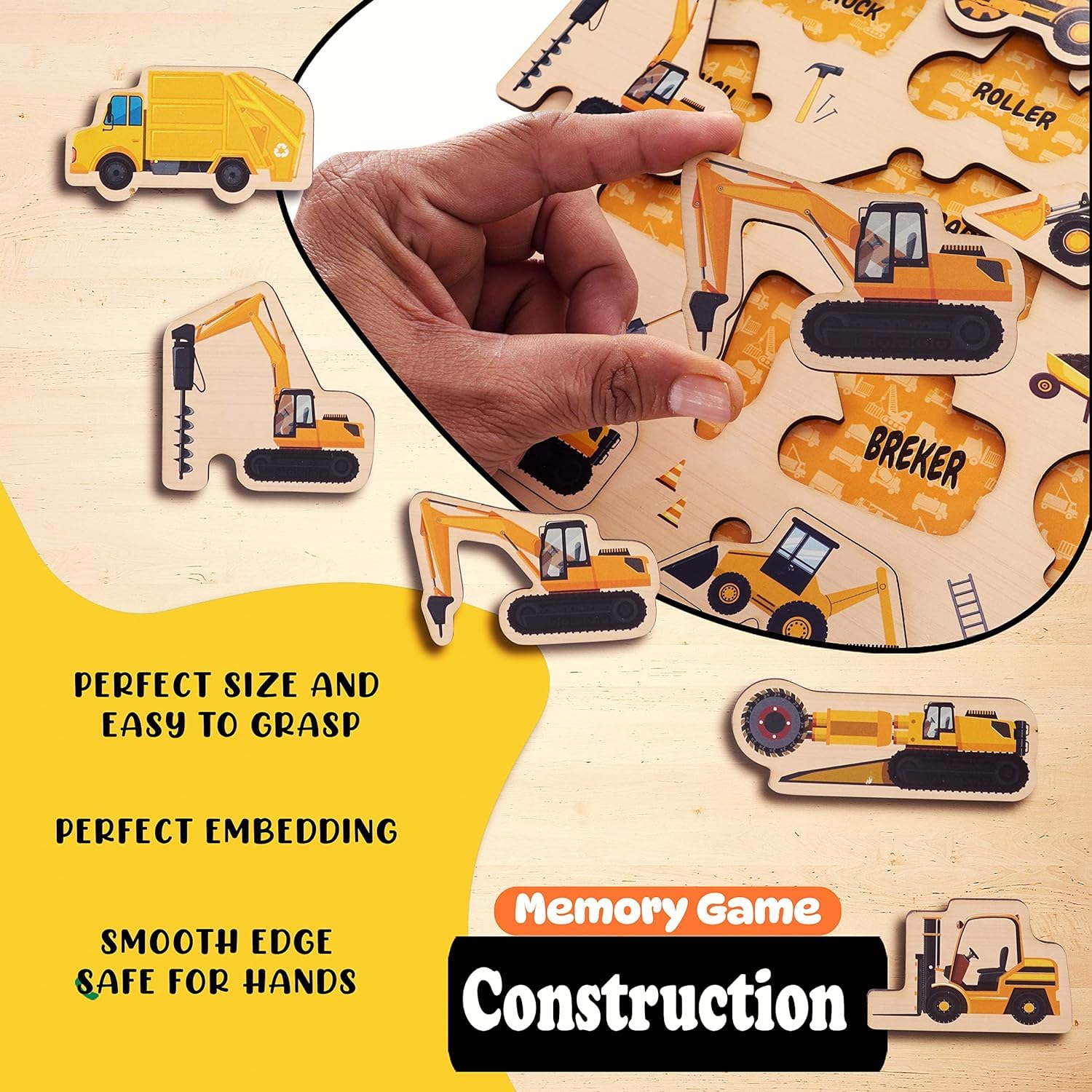 RiansCart Construction Vehicles Wooden Jigsaw Puzzle - Educational Kids Puzzle for Preschool Learning | Fun STEM Toy for Toddlers & Children - Perfect for Classroom, Birthday Gifts & Family Game Night