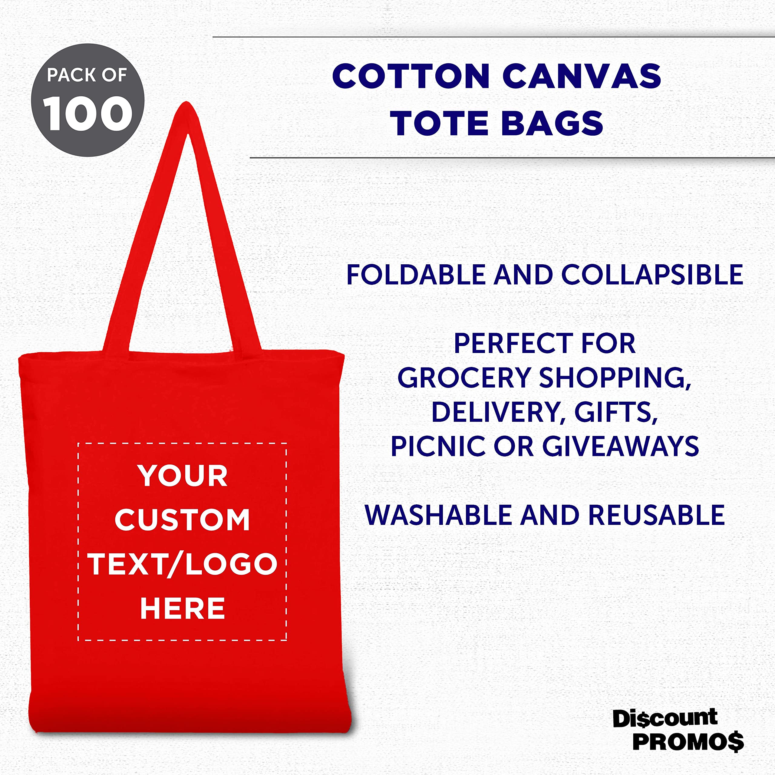 Custom Cotton Canvas Tote Bags Bulk Pack - 100 Reusable Eco-Friendly Shopping Bags with Personalization Option | Perfect for Grocery, Beach, Picnic, Wedding Favors & Promotional Events (Red)