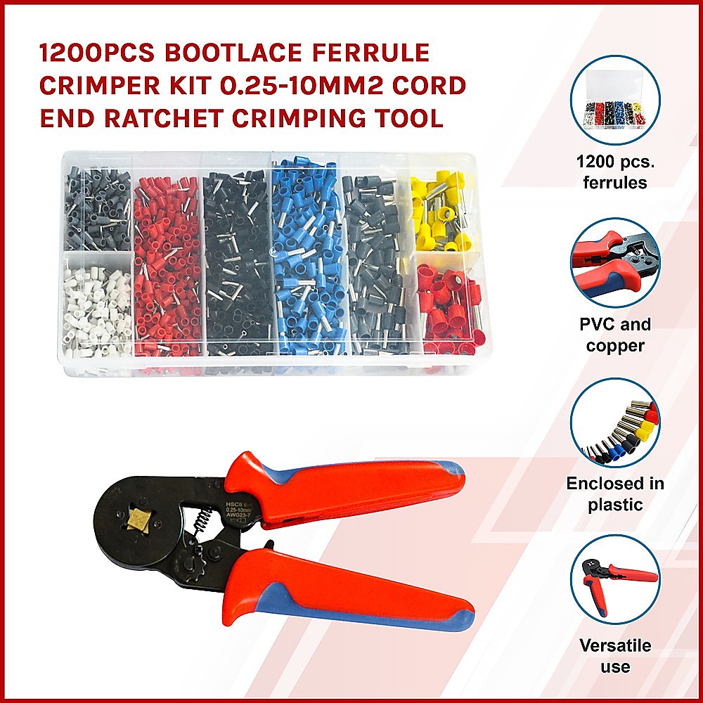1200Pcs Bootlace Ferrule Crimper Kit - 0.25-10mm² Cord End Ratchet Crimping Tool for Electrical Wiring and DIY Projects