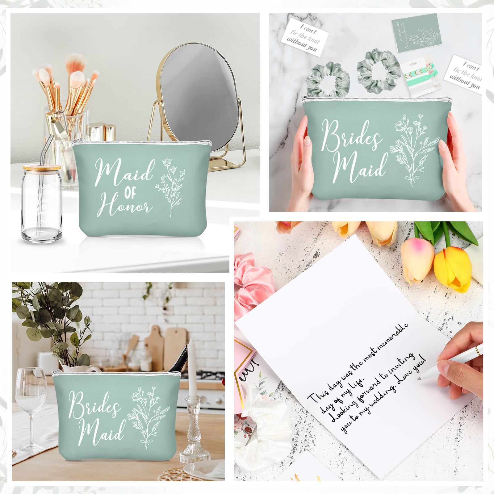 36 Pcs Bridesmaid Proposal Gift Set - 16oz Glass Cup, Cosmetic Bag, Invitation Cards, Scrunchies, Knotted Bracelet & Diamond Pen - Perfect for Wedding Showers, Bachelorette Parties & Bridesmaid Gifts (Green)