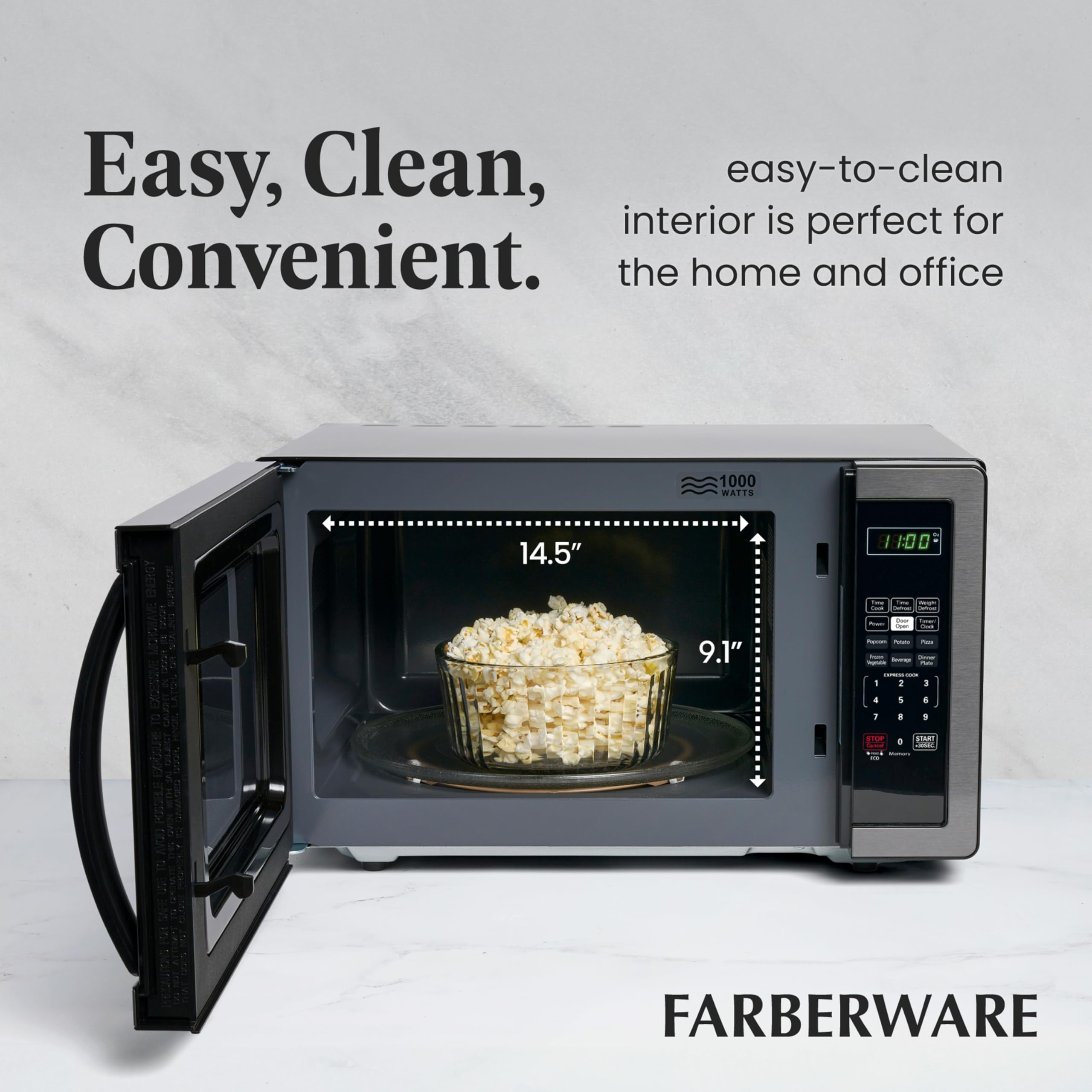 Farberware 1.1 Cu Ft 1000W Countertop Microwave Oven with LED Lighting & Child Safety Lock - Black Stainless Steel - Easy to Clean - Compact Microwave for Small Kitchens, Apartments, Dorms & Office Break Rooms
