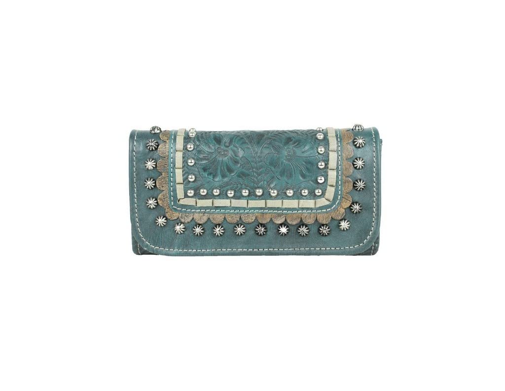 American West Leather Blue Ridge Tri-Fold Wallet for Women - Turquoise Genuine Leather RFID Blocking - Perfect for Travel, Everyday Use & Gift Giving