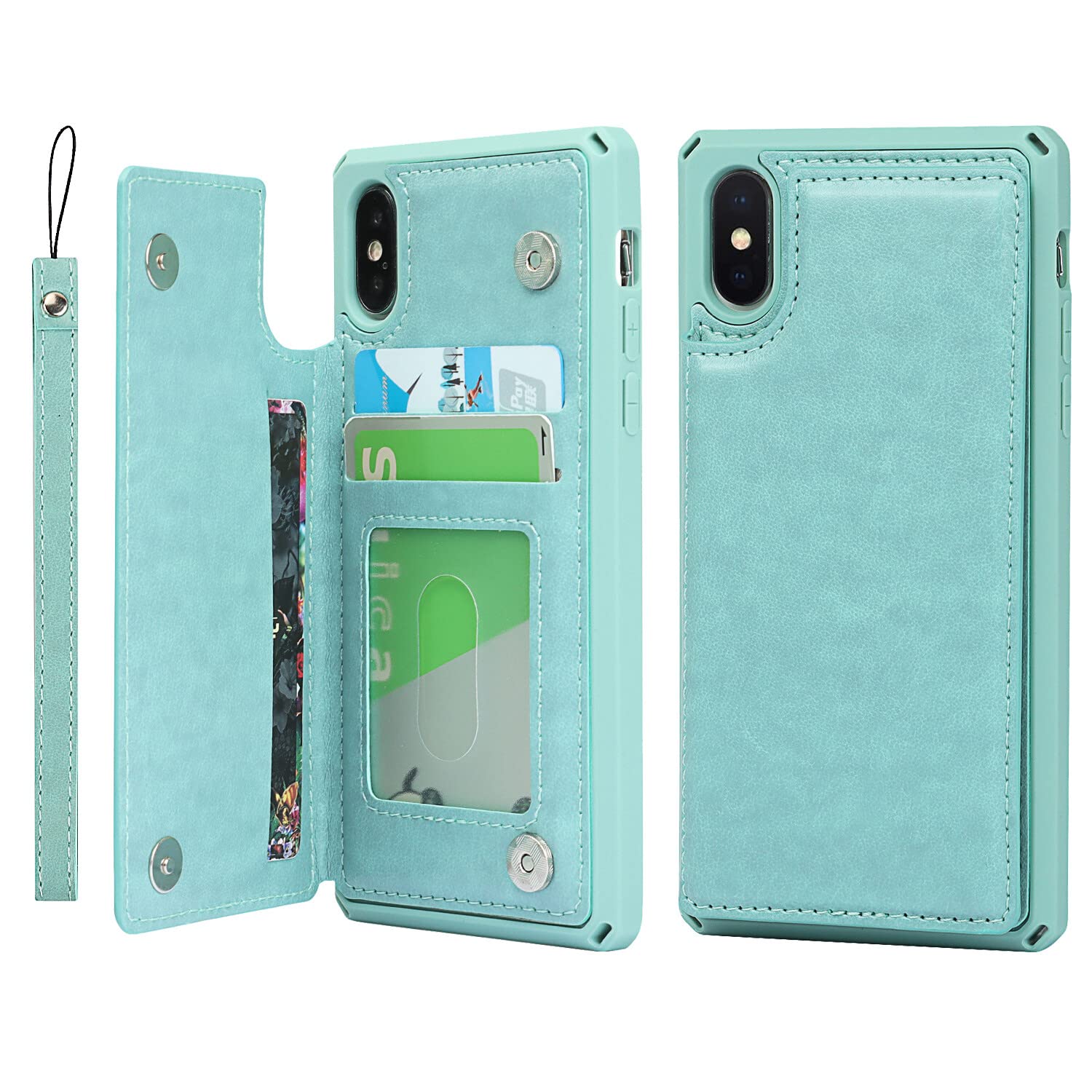 Premium Leather Wallet Case for iPhone X with Card Holder & Kickstand - Shockproof Cover for Women & Men | Wallet Phone Case with Wrist Strap & Credit Card Slots (Green) - Perfect for Work, Travel & Everyday Use
