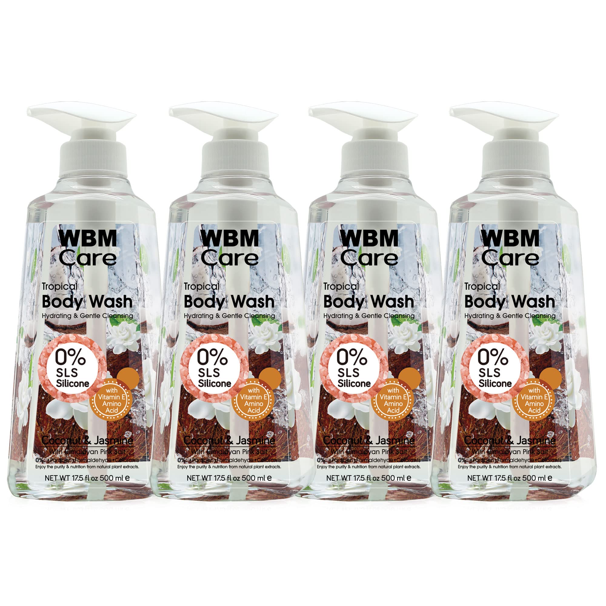 WBM Care Skin Care Shower Gel for All Skin Types - Coconut & Jasmine Scented Body Wash, Deep Nourishing & Moisturizing, Calming & Relaxing Formula, 17.5 Oz (Pack of 4) - Perfect for Daily Shower, Spa Day & Gift Giving