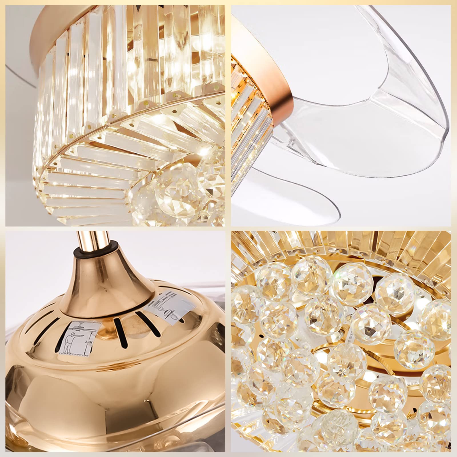 42 Inch Crystal Ceiling Fan with LED Light - Remote Control, Retractable Blades, 3 Speed Settings - Gold Modern Chandelier Fan for Living Room, Bedroom & Dining Room Decoration