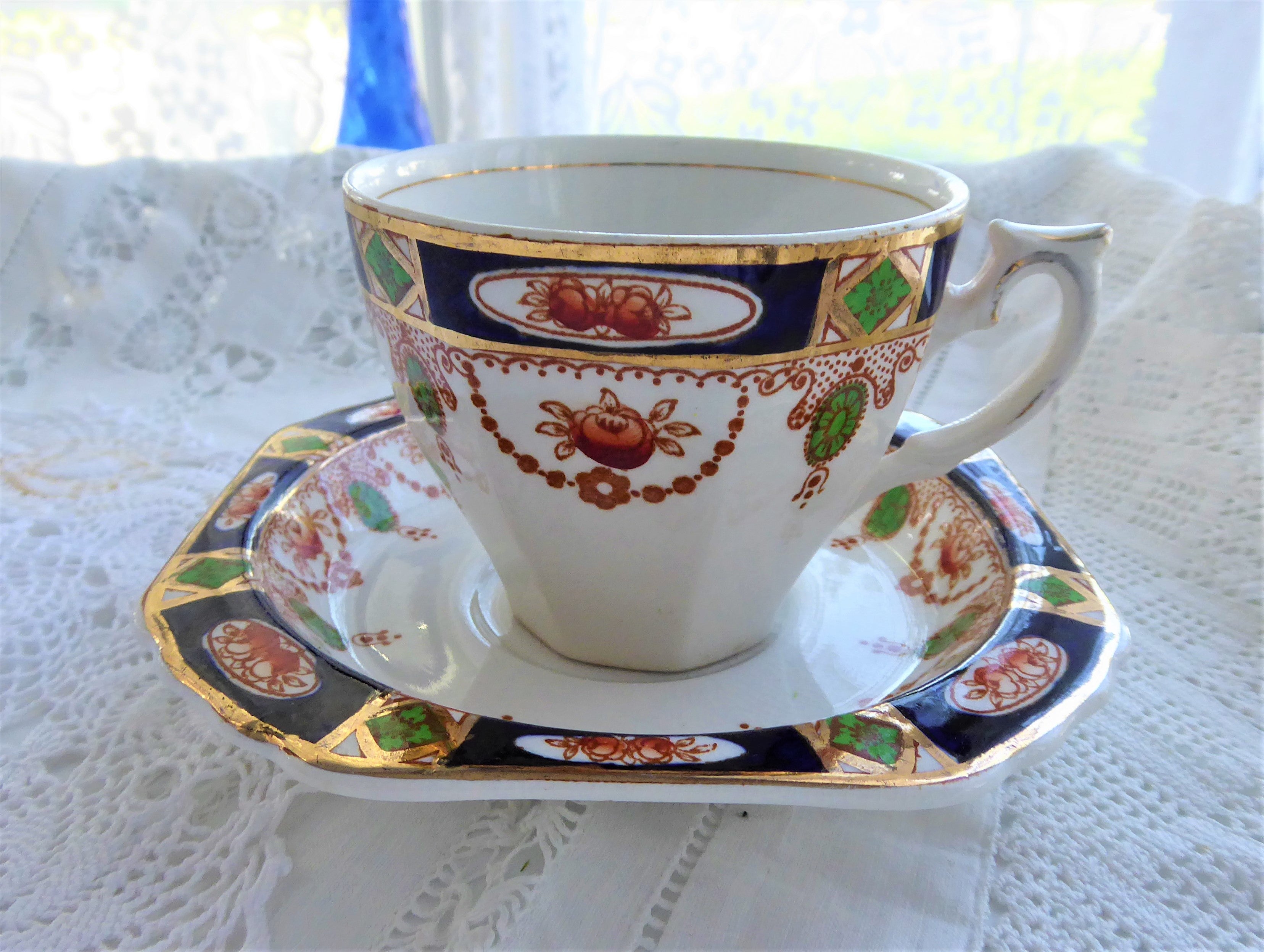 Vintage Imperial Derby Imari Cup and Saucer Set - Cobalt Blue & Rust Design by T. Hughes England 1920s Antique Tea Set for Collectors & Afternoon Tea Lovers