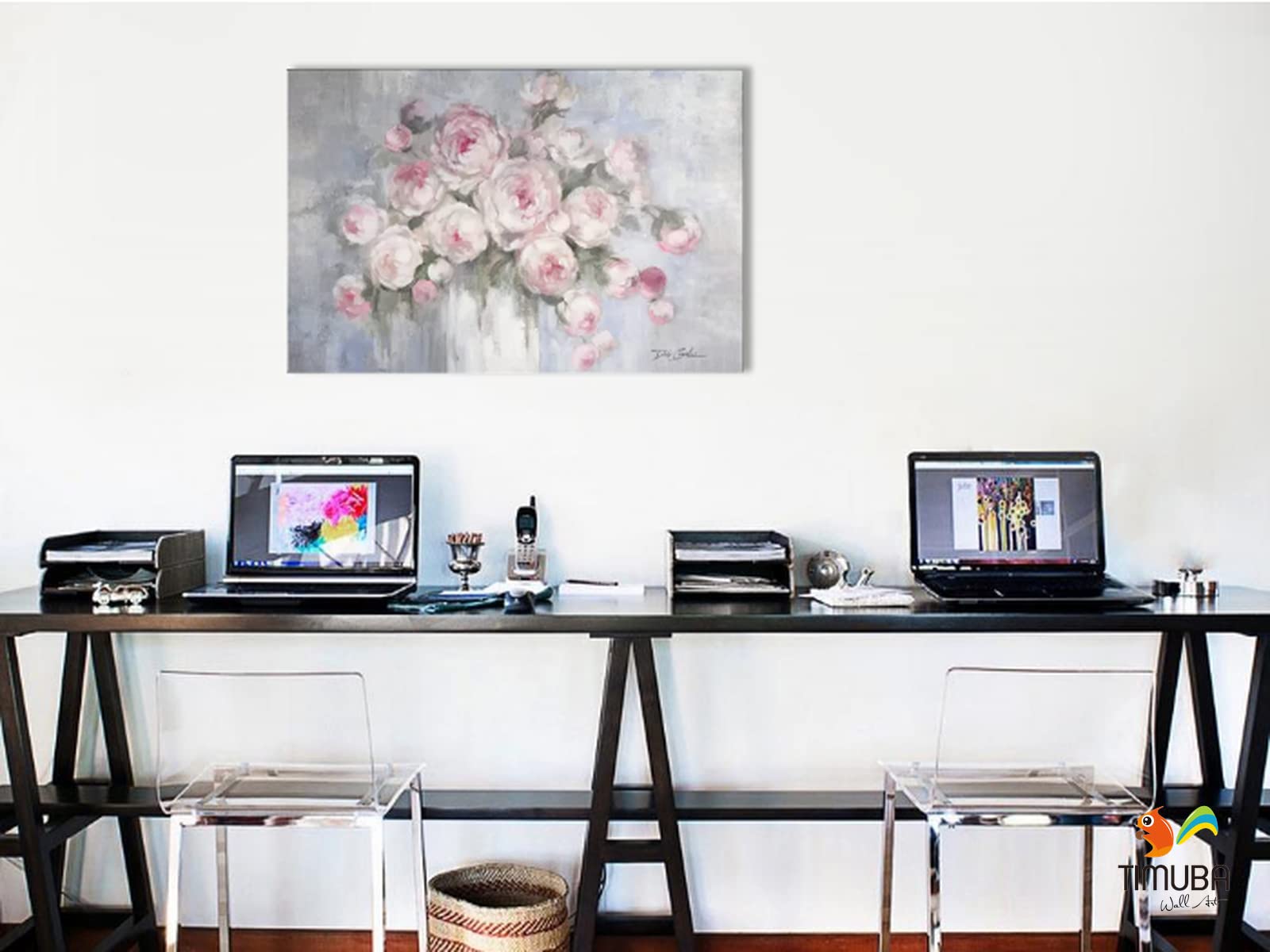 TIMUBA Pink Roses Canvas Wall Art - 32x48 Inch Floral Botanical Painting Print for Bathroom & Living Room Decor | Ready to Hang Flower Artwork | Perfect for Home, Office & Bedroom Wall Decoration