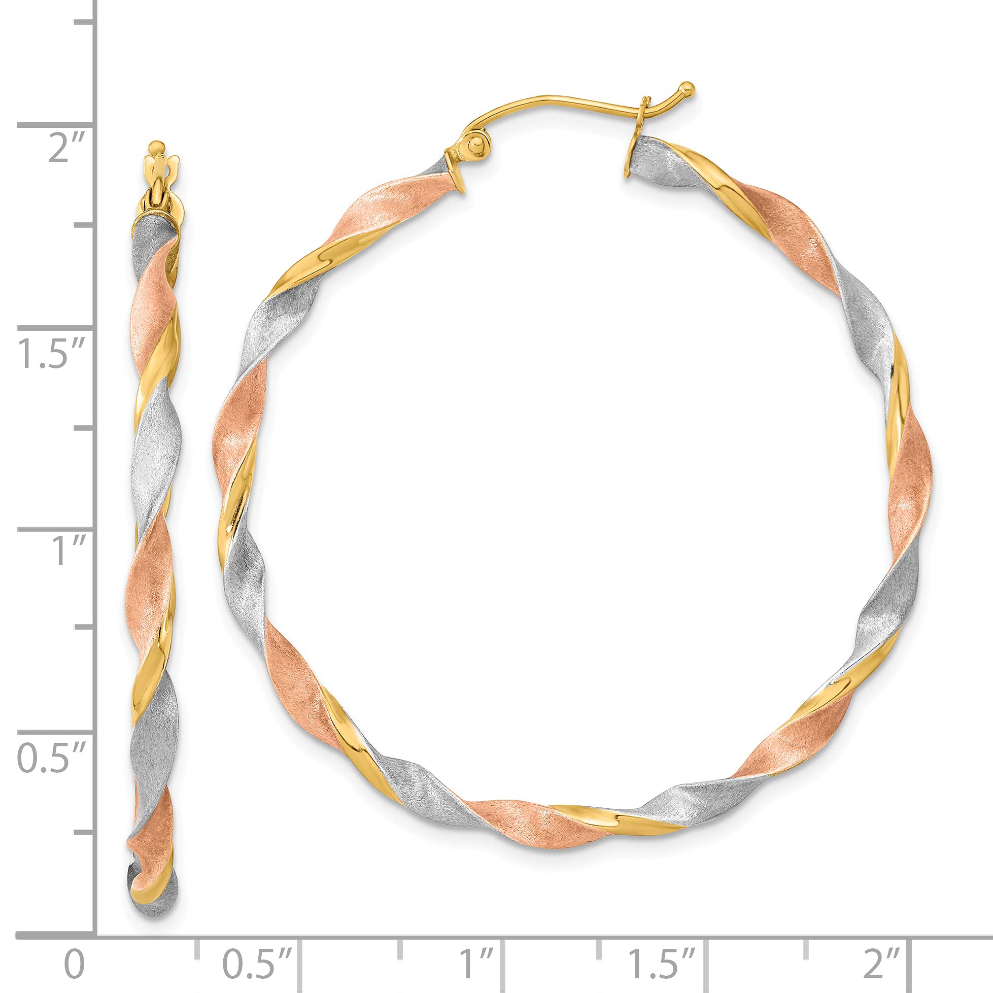 14K Yellow Gold White & Rose Rhodium Satin Twisted Hoop Earrings for Women - 50mm Elegant Dangle Earrings for Party, Wedding & Everyday Wear