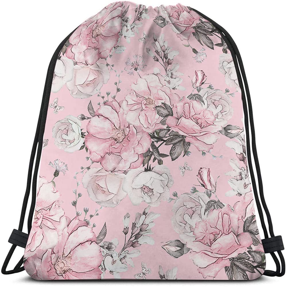 Beabes Pink Roses Drawstring Backpack - Floral Spring Flowers with Butterflies & Peonies Design - Lightweight Gym Sack for Yoga, Sports, Travel - Perfect for Men, Women, Boys & Girls - Great for Workouts, Beach Trips & Daily Use