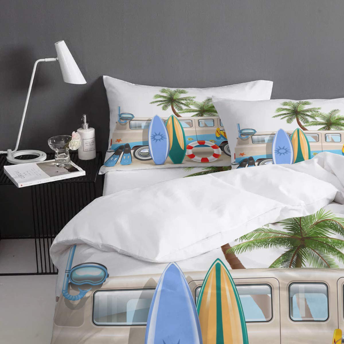 4-Piece Twin Size Beach Themed Duvet Cover Set - Surfboard, Diving Mask & Flip Flops Print - Soft All-Season Comforter Cover for Kids & Adults - Perfect for Beach House Decor, Teen Bedrooms & Vacation Home Styling