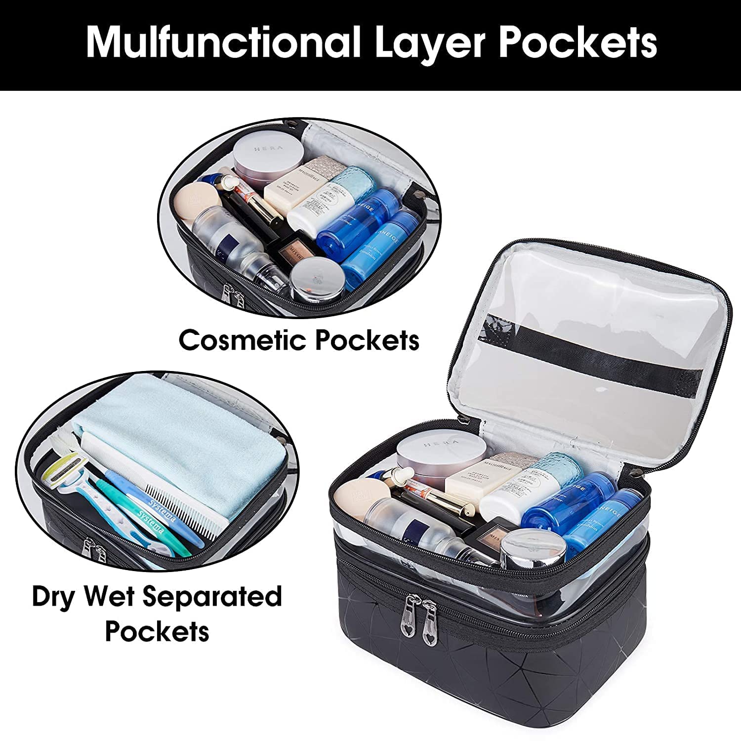 BESTOTTAM Makeup Travel Organizer Bag - Waterproof Cosmetic Case for Women, Toiletry Pouch with Brush Holder (Black) | Perfect for Air Travel, Vacation & Daily Makeup Storage