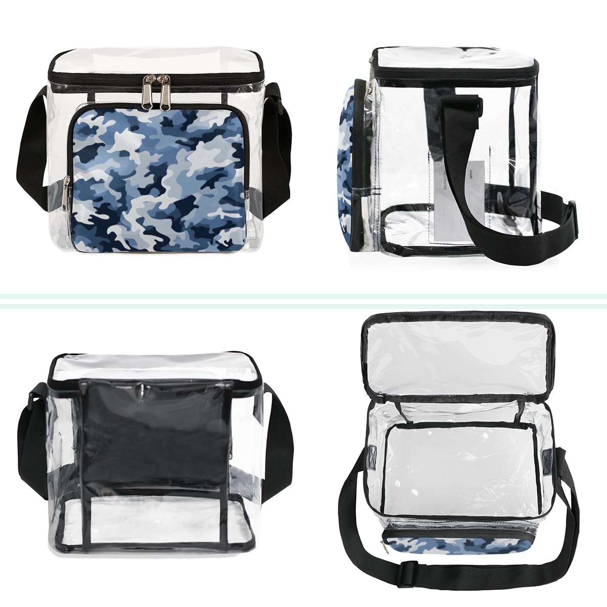GzLeyigou Blue White Camouflage Clear Tote Bag with Handles - Transparent Crossbody Shoulder Lunch Bag for Outdoor, Travel, Picnic, Concerts & Sports Events | Stadium Approved Multipurpose Carryall | Perfect for Beach Days, Music Festivals and Shopping Trips