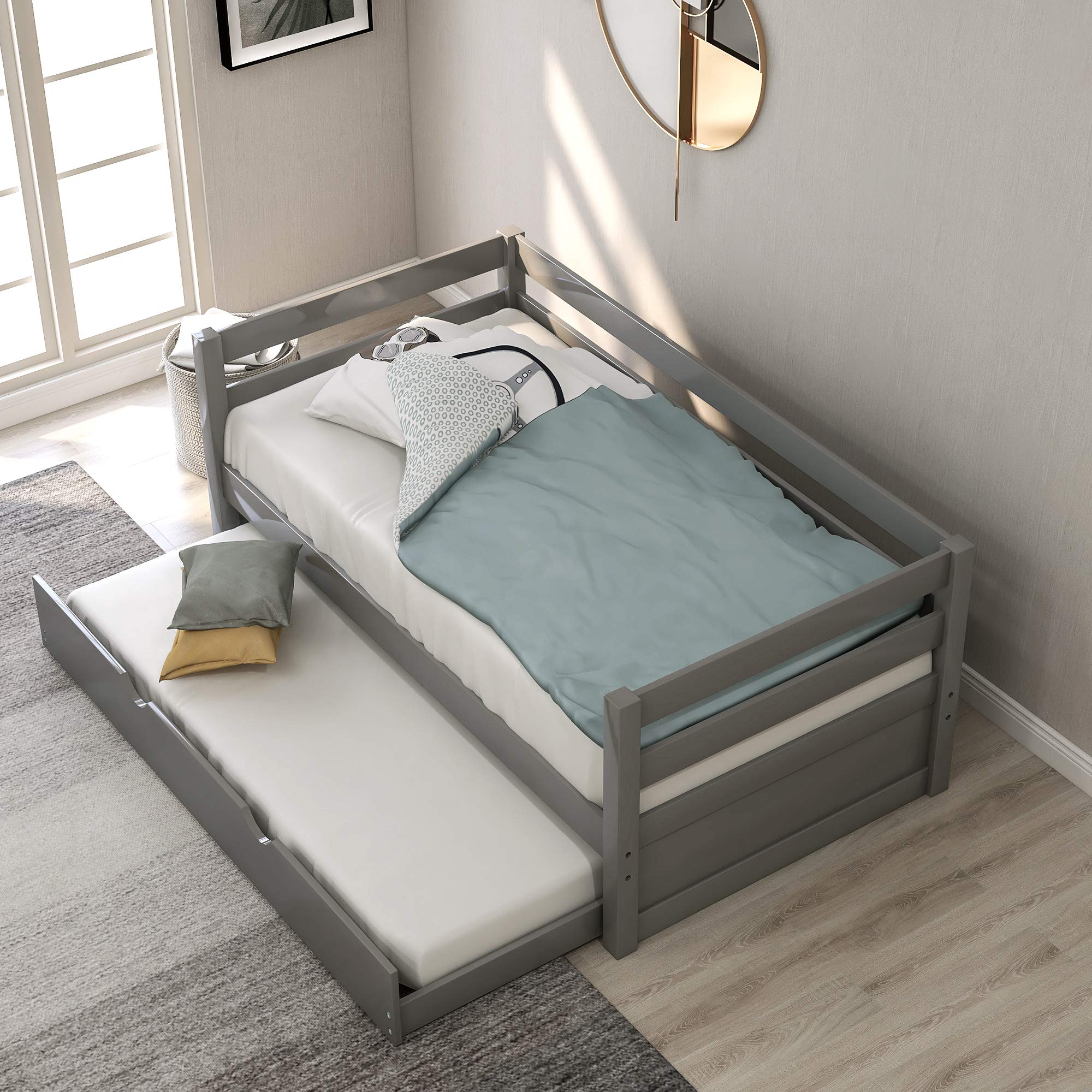 Merax Twin Size Daybed with Trundle - Solid Wood Captain's Bed Frame, Convertible Sofa Bed for Guest Room & Small Spaces (Grey) | Perfect for Home Office, Dorm Room & Studio Apartments