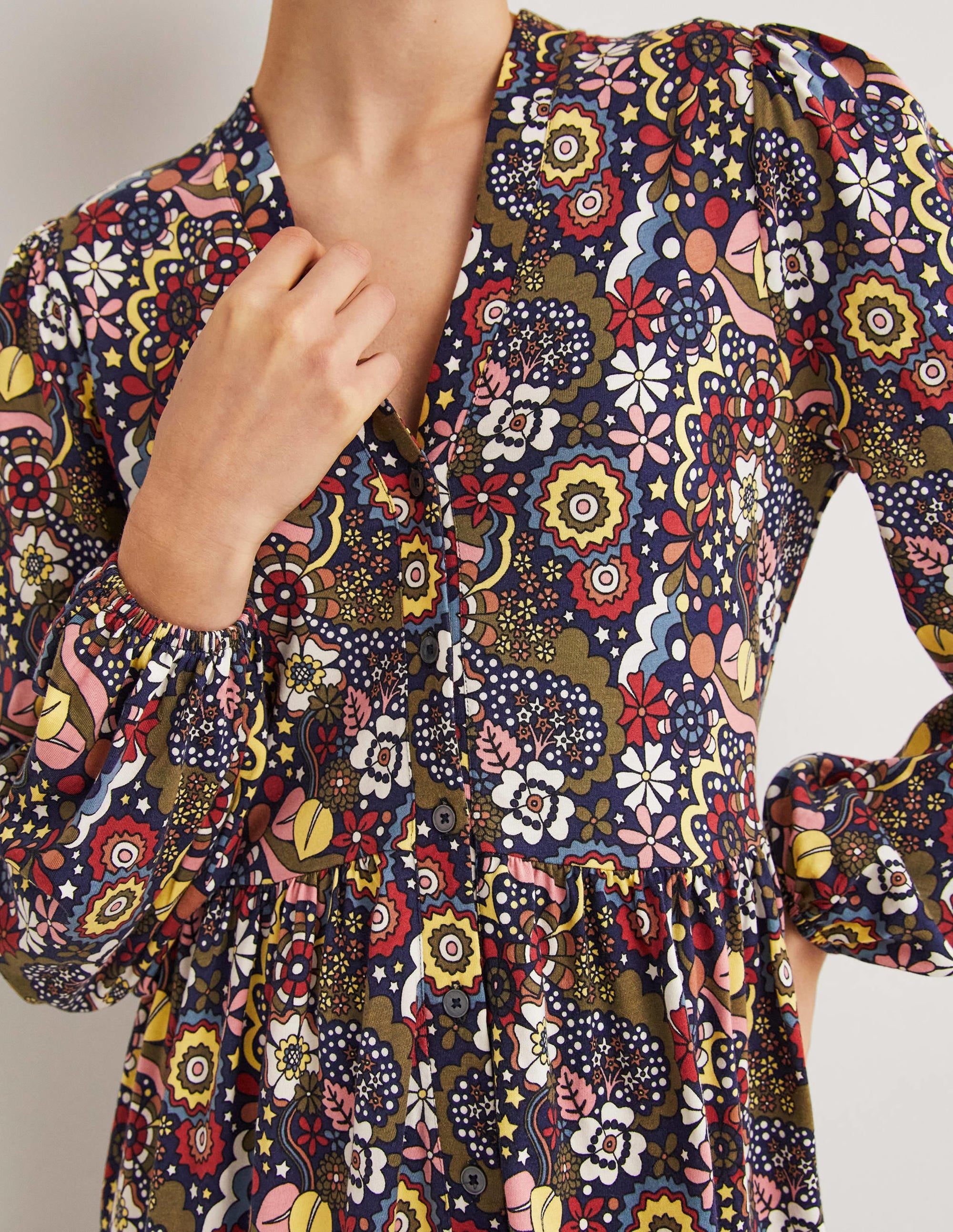 Button Through Jersey Dress Multi - Paradise Swirl Print Flowy Summer Dress for Women | Perfect for Beach Vacations, Date Nights & Casual Outings