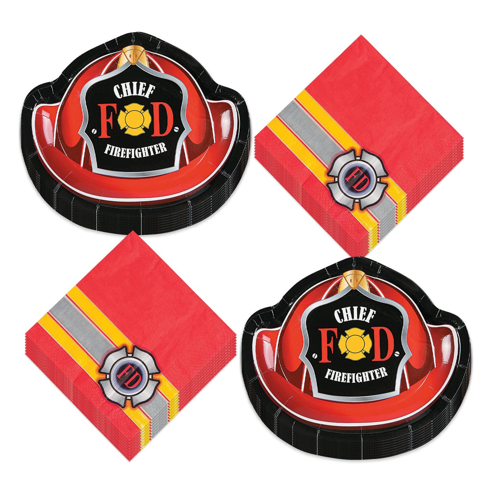Firefighter Party Supplies Set - 16 Fireman Chief Helmet Paper Plates & Luncheon Napkins for Birthday, Baby Shower & Themed Events - HOME & HOOPLA
