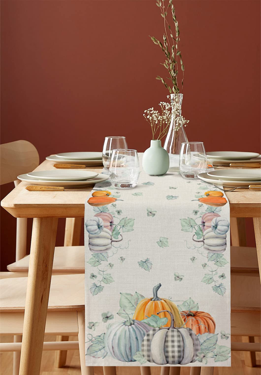 72 Inch Cotton Linen Table Runner - Thanksgiving & Fall Farmhouse Decor with Pumpkin Teal Maple Leaf Design, Rustic Burlap Table Scarf for Dining Table, Coffee Table, Wedding & Party Decorations | Perfect for Autumn Gatherings, Holiday Dinners and Farmhouse Style Home Decor