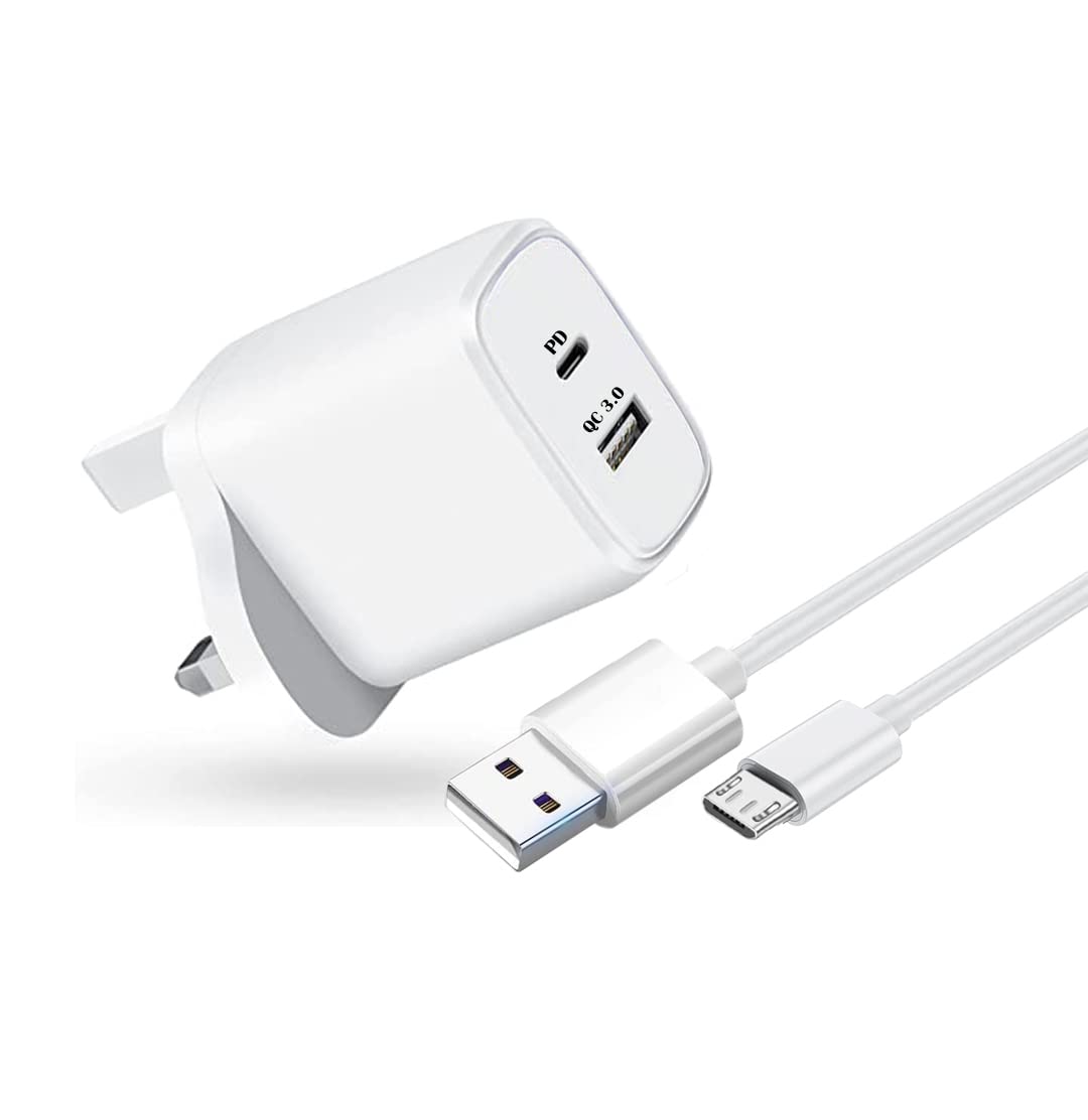 KP TECHNOLOGY 3-Port Fast Charger with Micro USB Cable - Compatible with Oppo A17 & A15 - Dual USB Port Plug - White - Perfect for Home, Office & Travel Charging