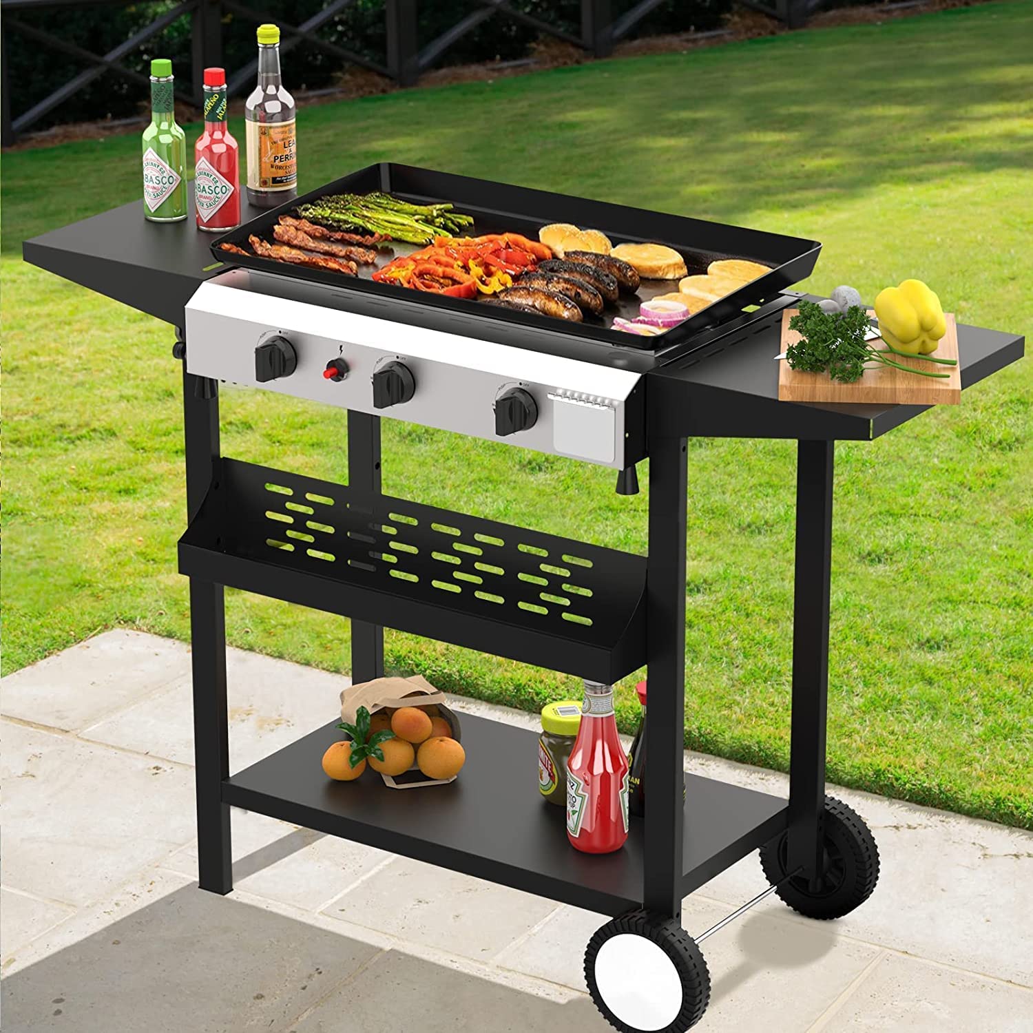 SKOK 3 Burner Gas Griddle - 23.3 Inch Outdoor Propane Griddle with 30,000 BTU - Portable Flat Top Gas Grill for Camping, BBQ, Tailgating & Backyard Cooking - Perfect for Outdoor Parties, Picnics & Family Gatherings