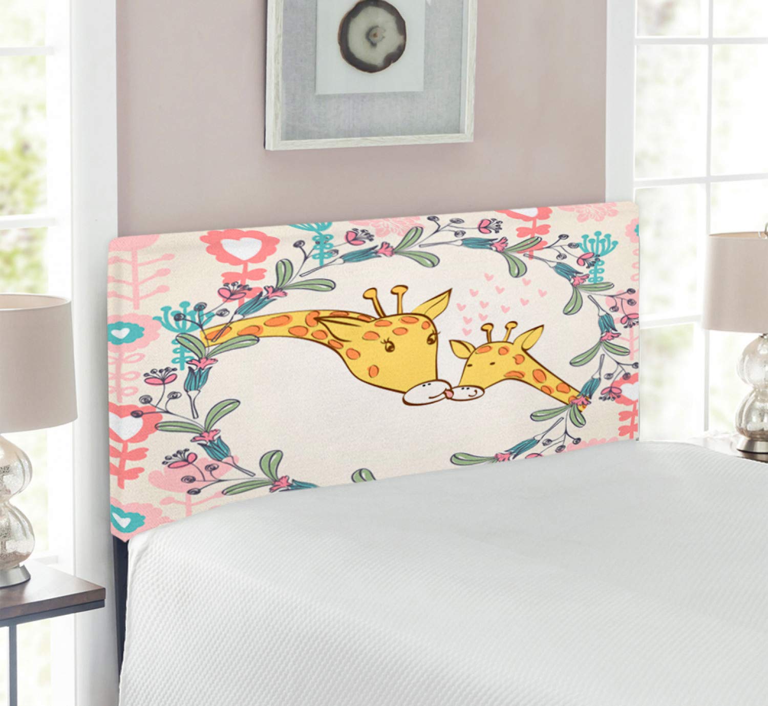 Ambesonne Giraffe Print Upholstered Headboard - Twin Size Decorative Metal Bed Frame with Memory Foam Padding, Cartoon Animal & Floral Heart Design in Multicolor - Perfect for Kids' Bedroom, Nursery or Bohemian Style Decor