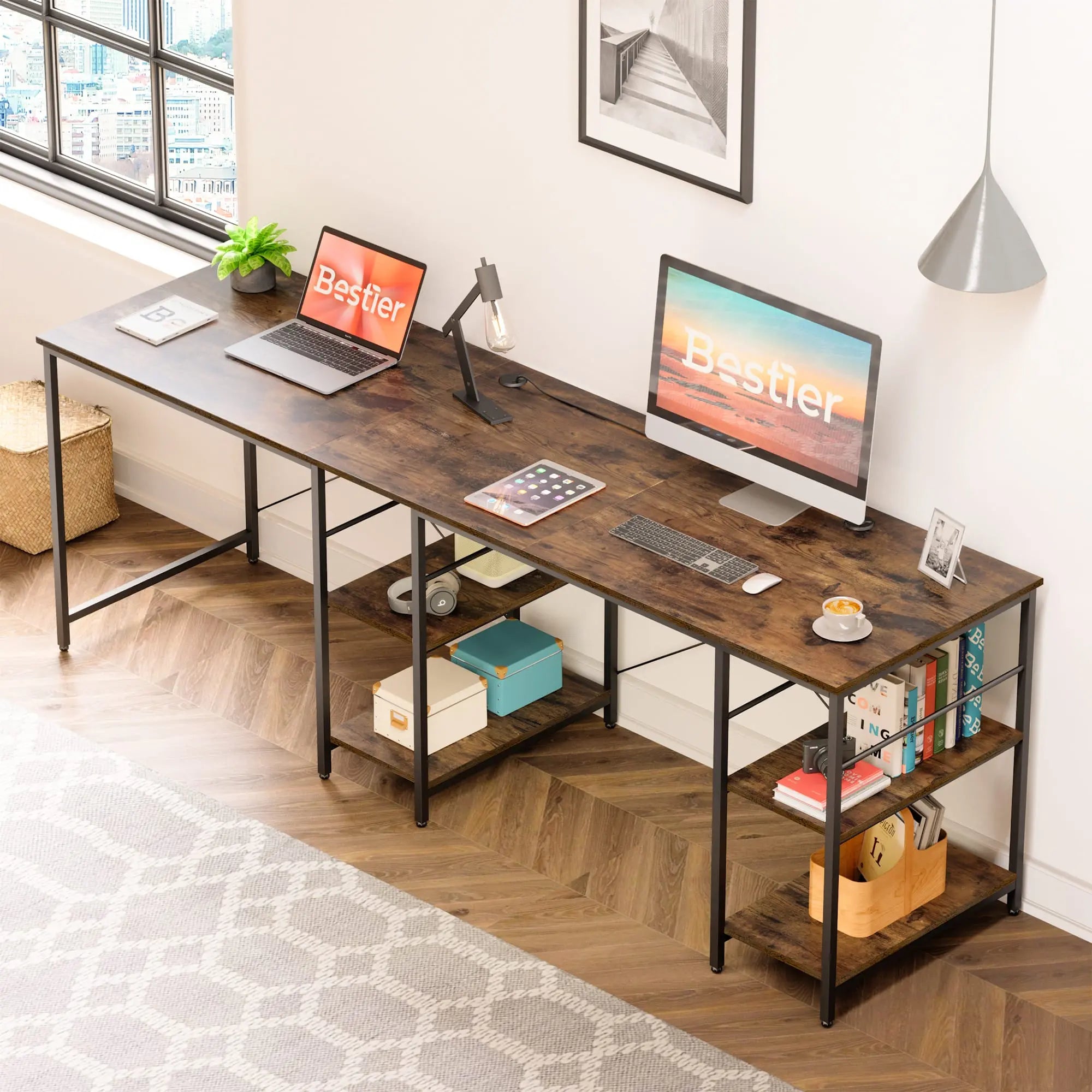 Bestier 86 Inch L-Shaped Computer Desk for Two - Home Office Gaming & Workstation with Large Workspace - Perfect for Couples, Roommates & Small Spaces