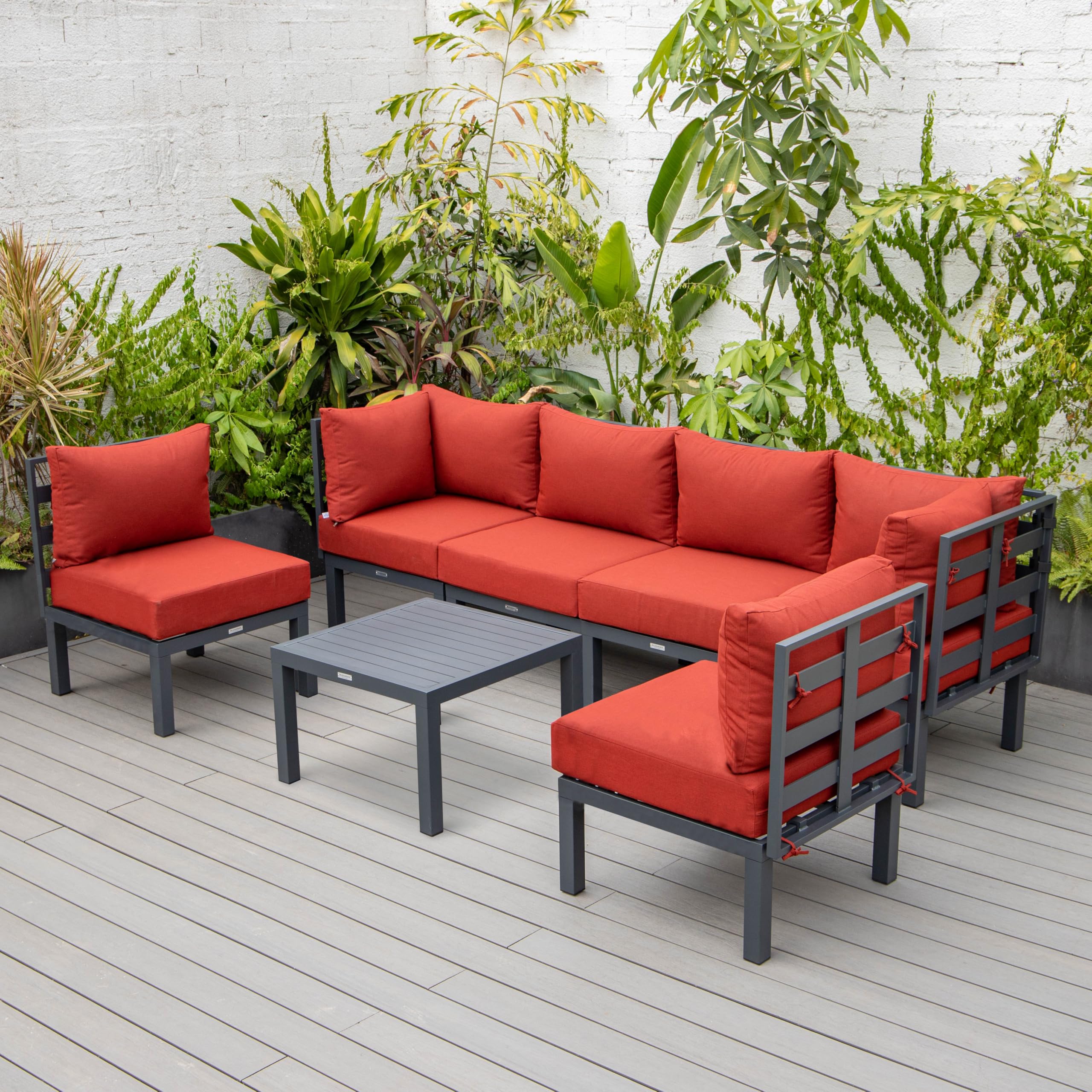LeisureMod Chelsea 7-Piece Outdoor Patio Conversation Set - Aluminum Sectional Sofa with Weather-Resistant Cushions & Coffee Table (Red) - Perfect for Backyard, Garden, Poolside & Terrace Relaxation