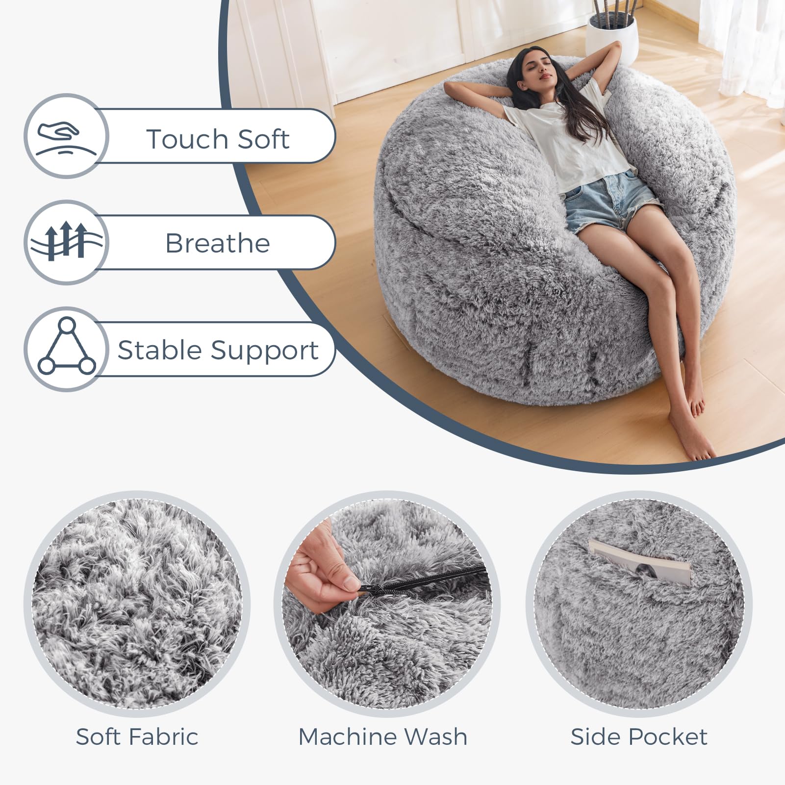 MAXYOYO 4 ft Large Bean Bag Chair for Adults - Ultra Soft Fur Lazy Sofa with Foam Filling for Living Room, Bedroom & Game Room - Machine Washable Cover - Perfect for Relaxing, Lounging & Movie Nights