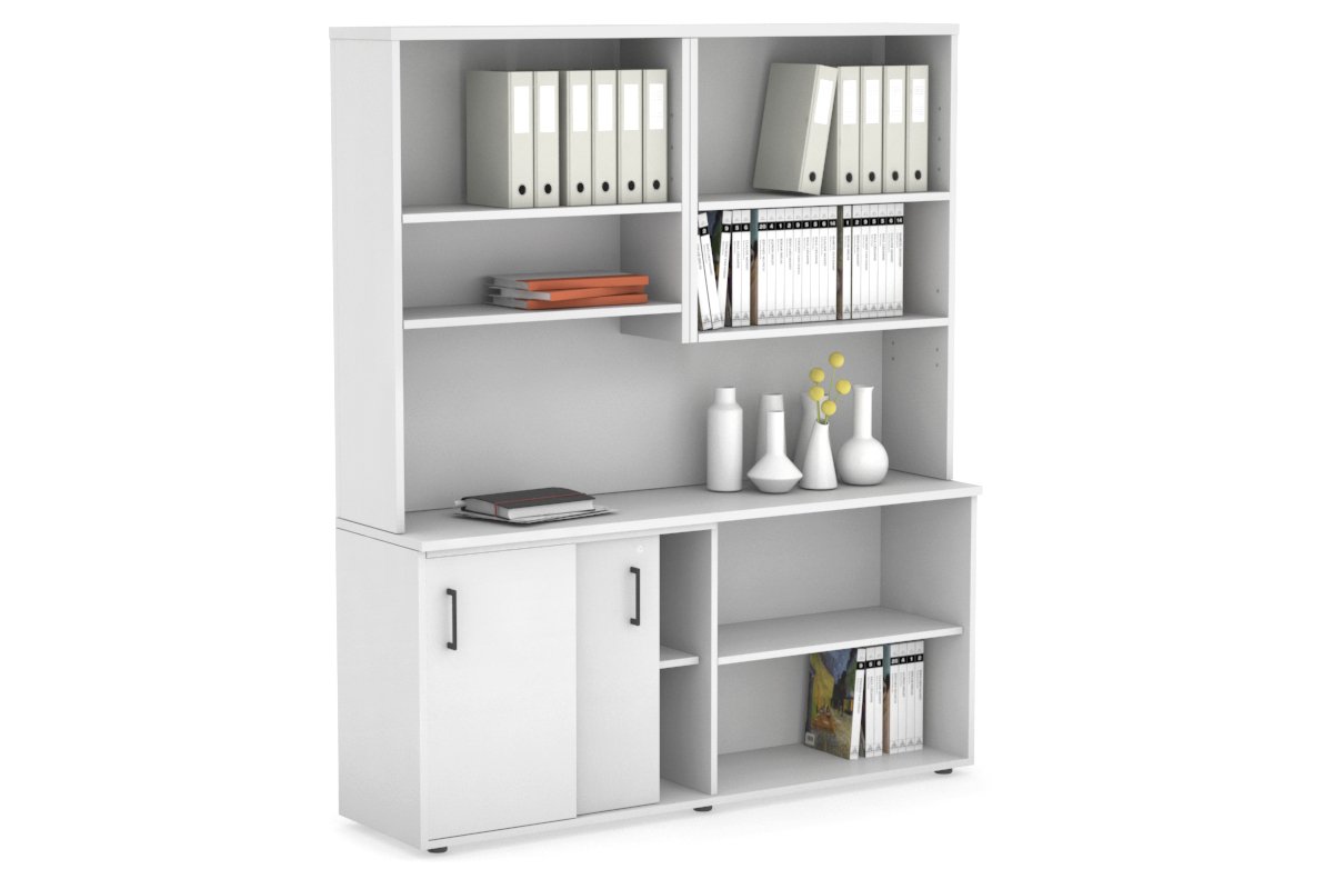 Modern 2-Door Sliding Credenza with Open Storage Hutch - Stylish Home Office & Living Room Furniture for Organization & Display