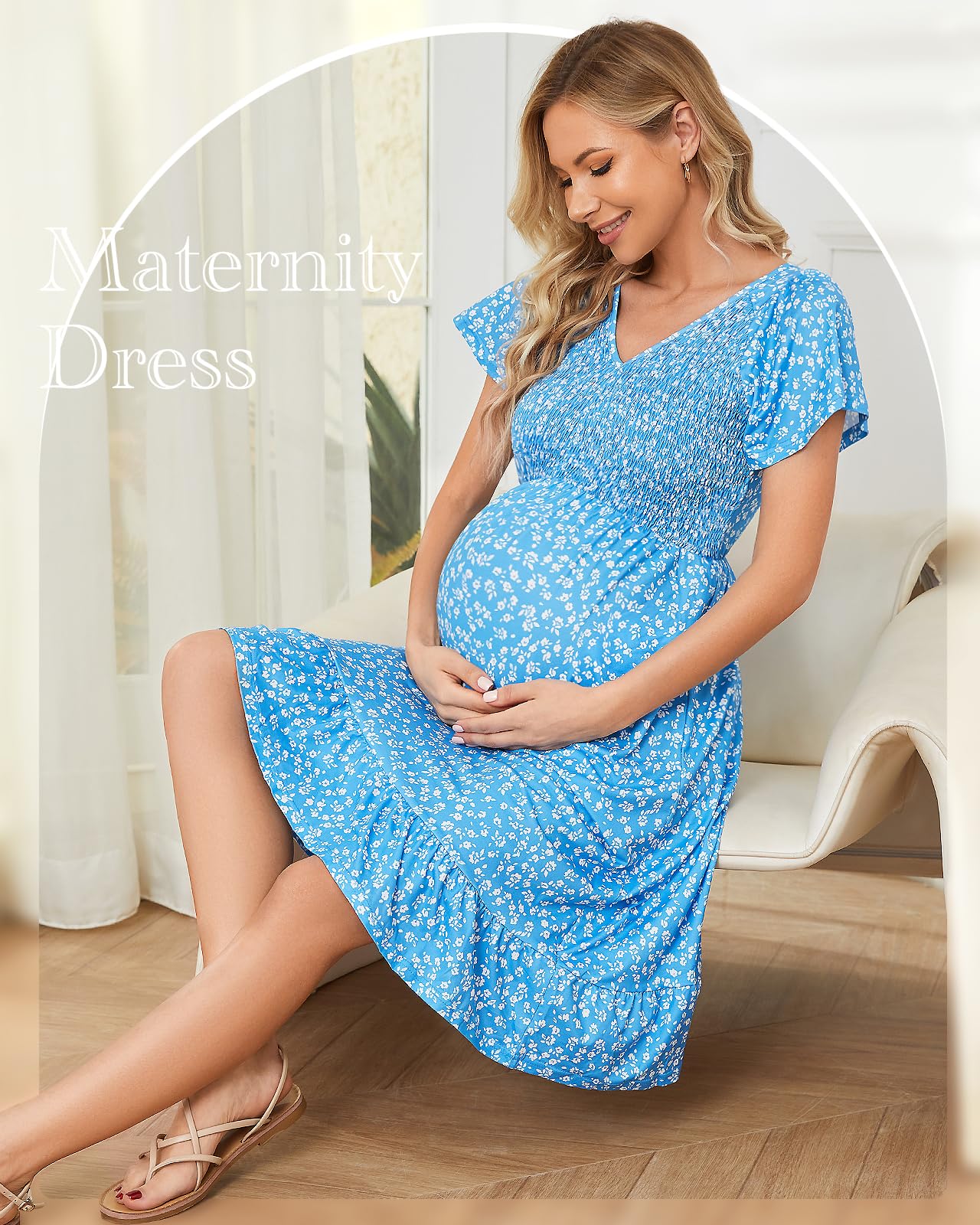 Domee Women's Floral Print Maternity Dress - V-Neck A-Line Midi Dress with Ruffles & Short Sleeves for Baby Shower, Photoshoot, Summer & Boho Style Outfits