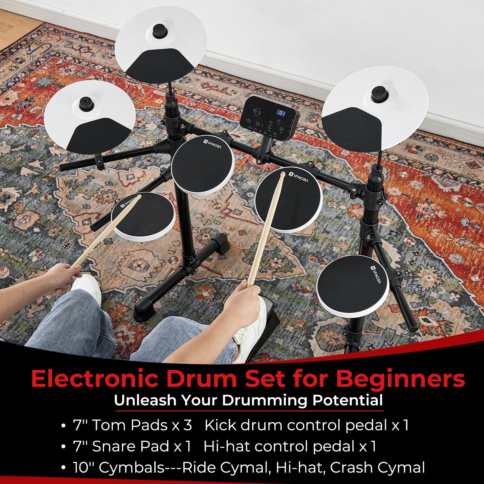 Vangoa 8-Piece Electronic Drum Set for Adults - Quiet Drum Pads, Cymbals, 2 Lightweight Pedals, 150 Built-in Sounds & Headphone Jack - Perfect for Beginners & Home Practice (White) - Ideal for Music Learning, Studio Recording & Silent Practice Sessions