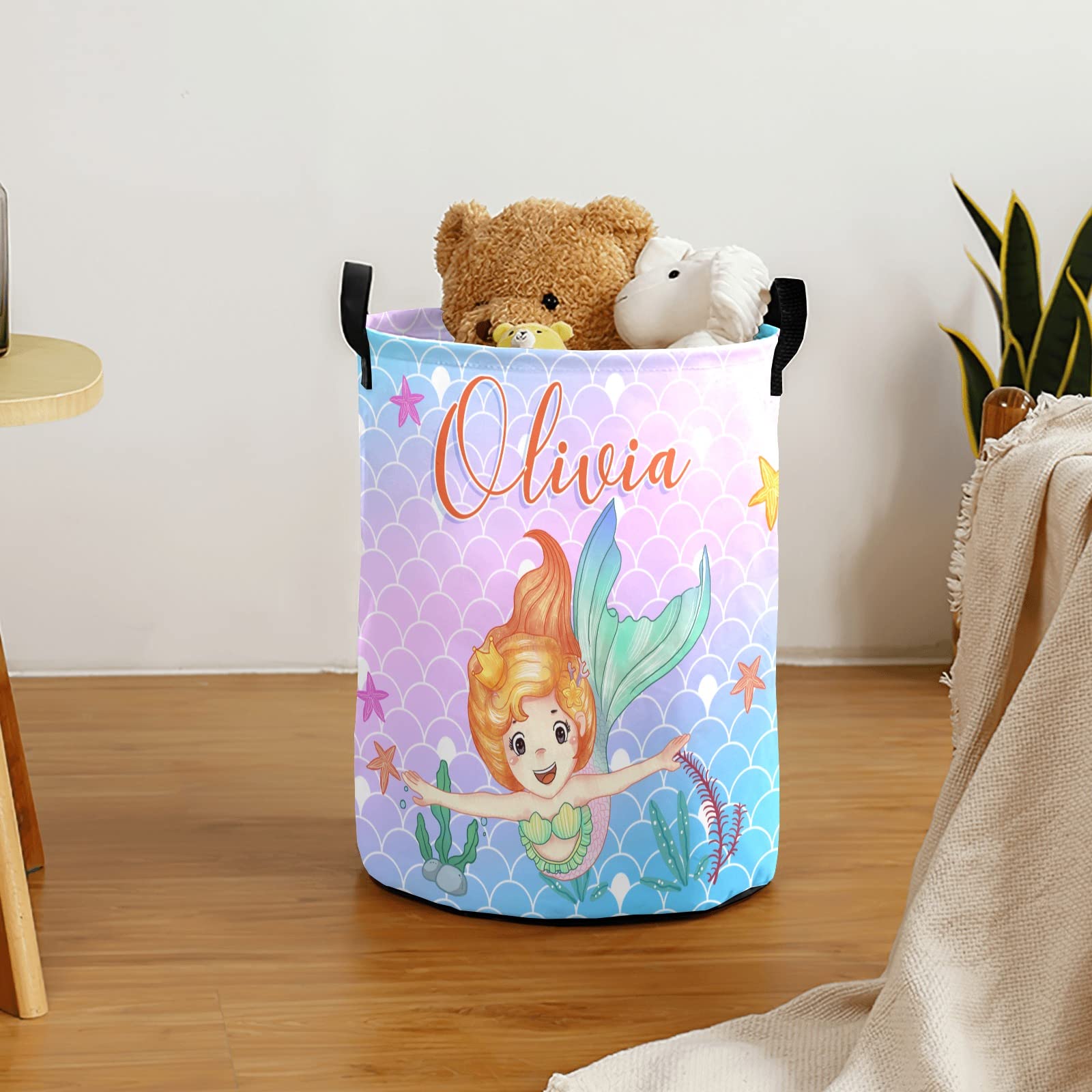 **Personalized Mermaid Laundry Basket for Girls - Custom Name Kids Laundry Hamper, Baby Clothes Organizer (Style 02) - Perfect for Bedroom, Nursery, and Playroom Storage**