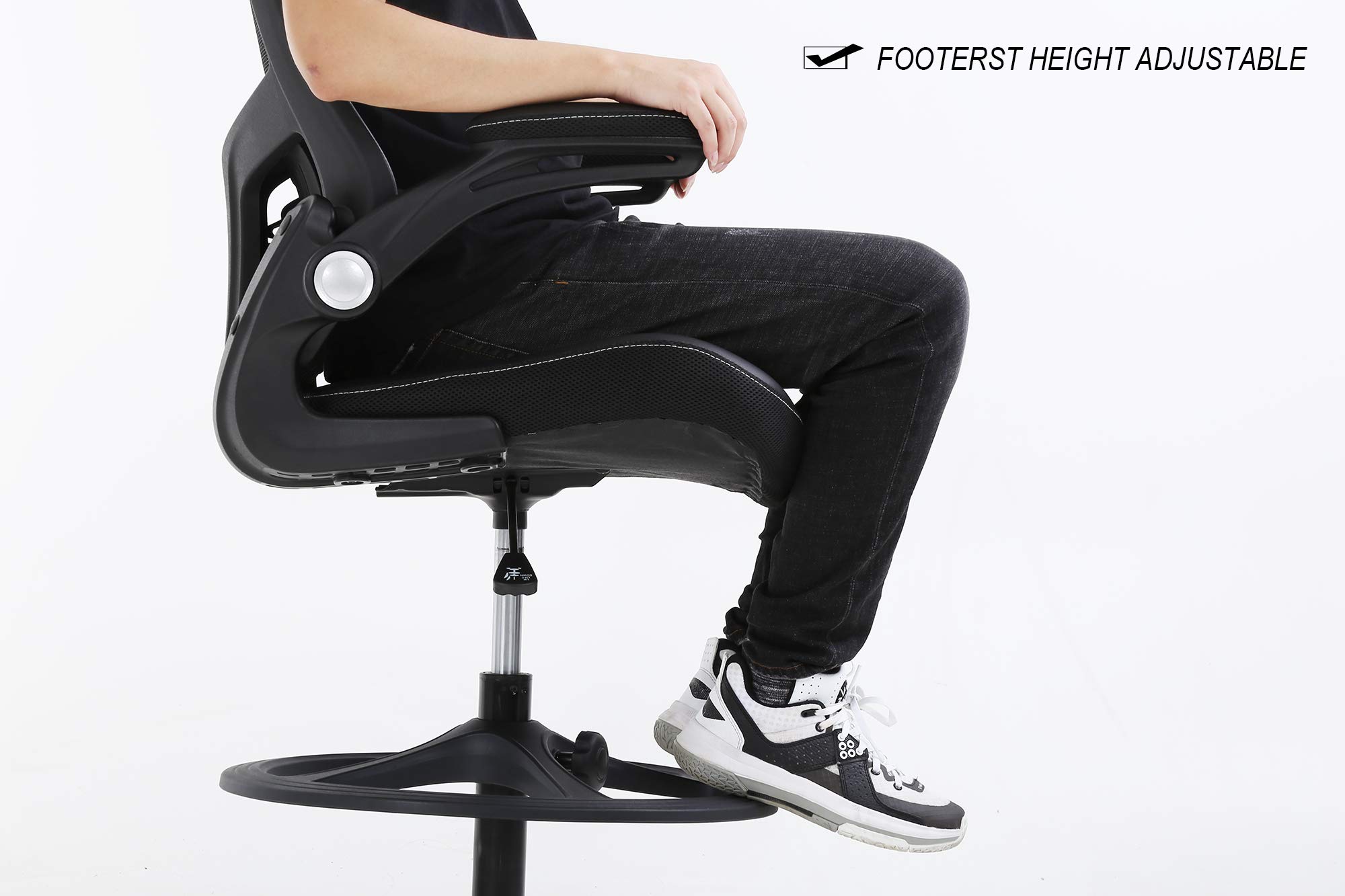 Ergonomic Drafting Chair with Flip-Up Arms, Footrest & Adjustable Height - Mesh Office Chair for Standing Desk, Home Office & Studio Work - Black (Perfect for Architects, Artists & Long Work Sessions)