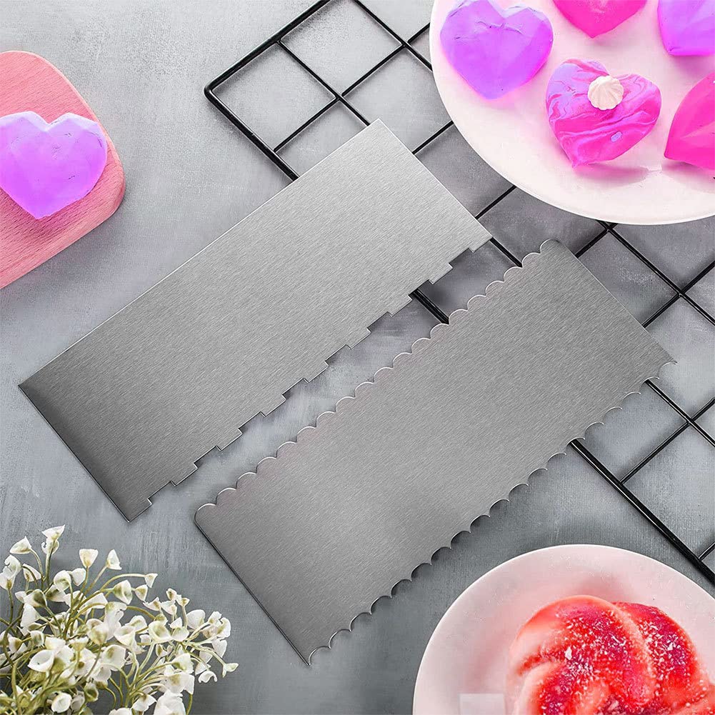 EElabper 2-Pack Stainless Steel Cake Scraper - Double Sided Patterned Edge & Stripe Edge Smoother for Cake Decorating | Pastry Comb & Cutter for Mousse, Buttercream, Fondant | Perfect for Professional Bakers & Home Baking