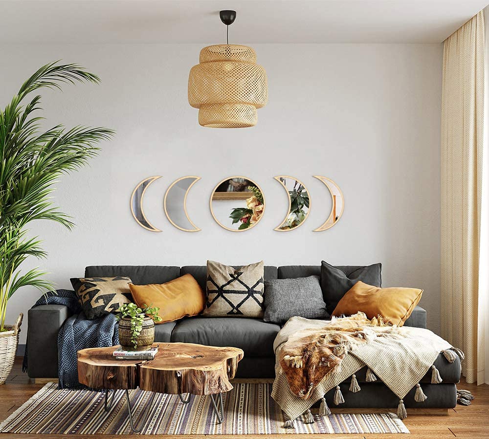MAXROCK Moon Phase Mirror Set - 5 Piece Scandinavian Wall Decor, Natural Boho Acrylic Mirrors for Home, Living Room & Bedroom - Perfect for Bohemian Style & Meditation Spaces