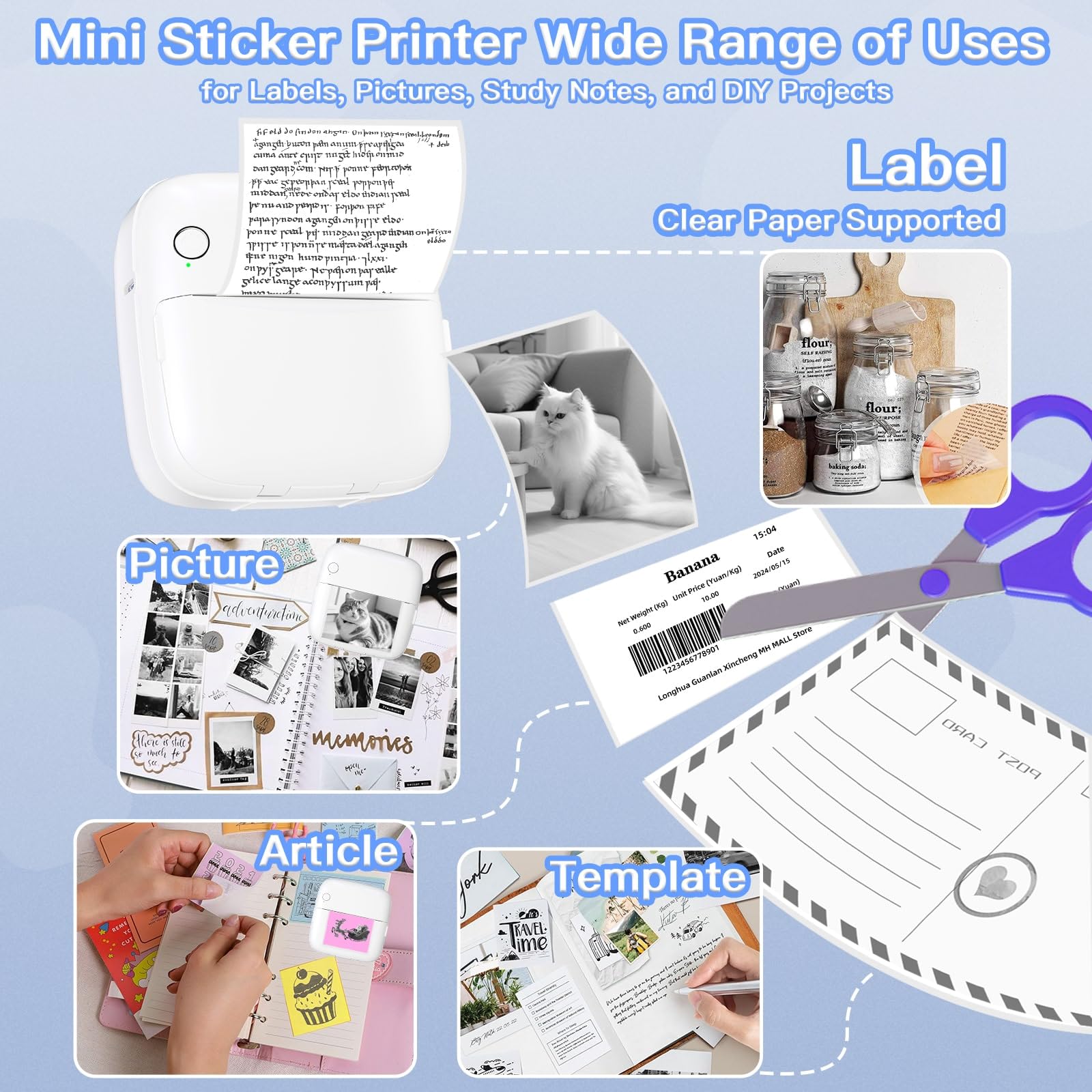 Mini Sticker Printer with 6 Rolls Paper - Portable Thermal Label Maker for DIY Scrapbooking, Travel Journal, Notes & Memos - 7 Color LED Light Modes - Wireless Bluetooth Compatible with iPhone & Android Phones (Perfect for Home Office, School Projects & Gift Wrapping)