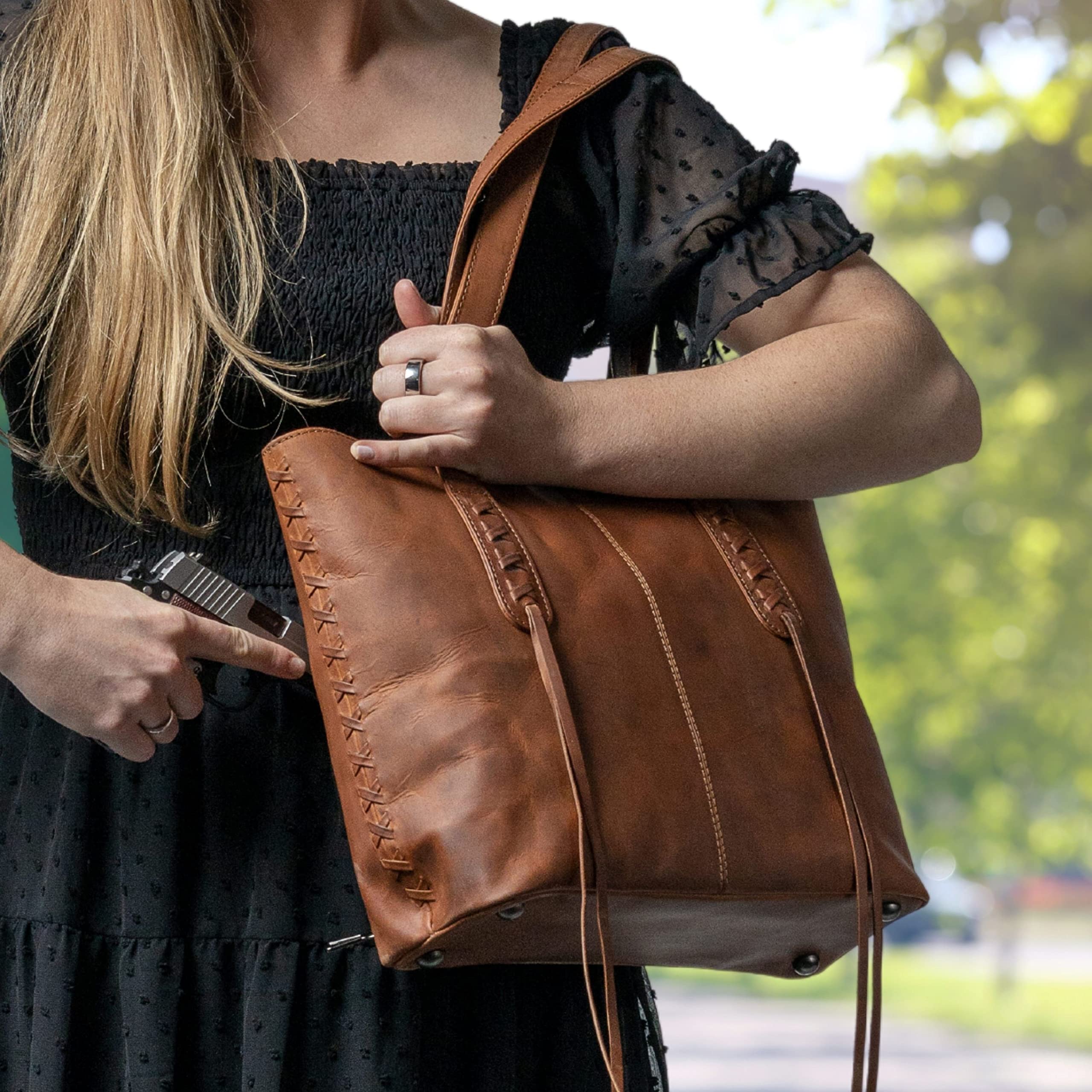 Norah Large Leather Concealed Carry Tote Bag with Lace Detailing - Perfect for Everyday Use, Travel, and Secure Storage