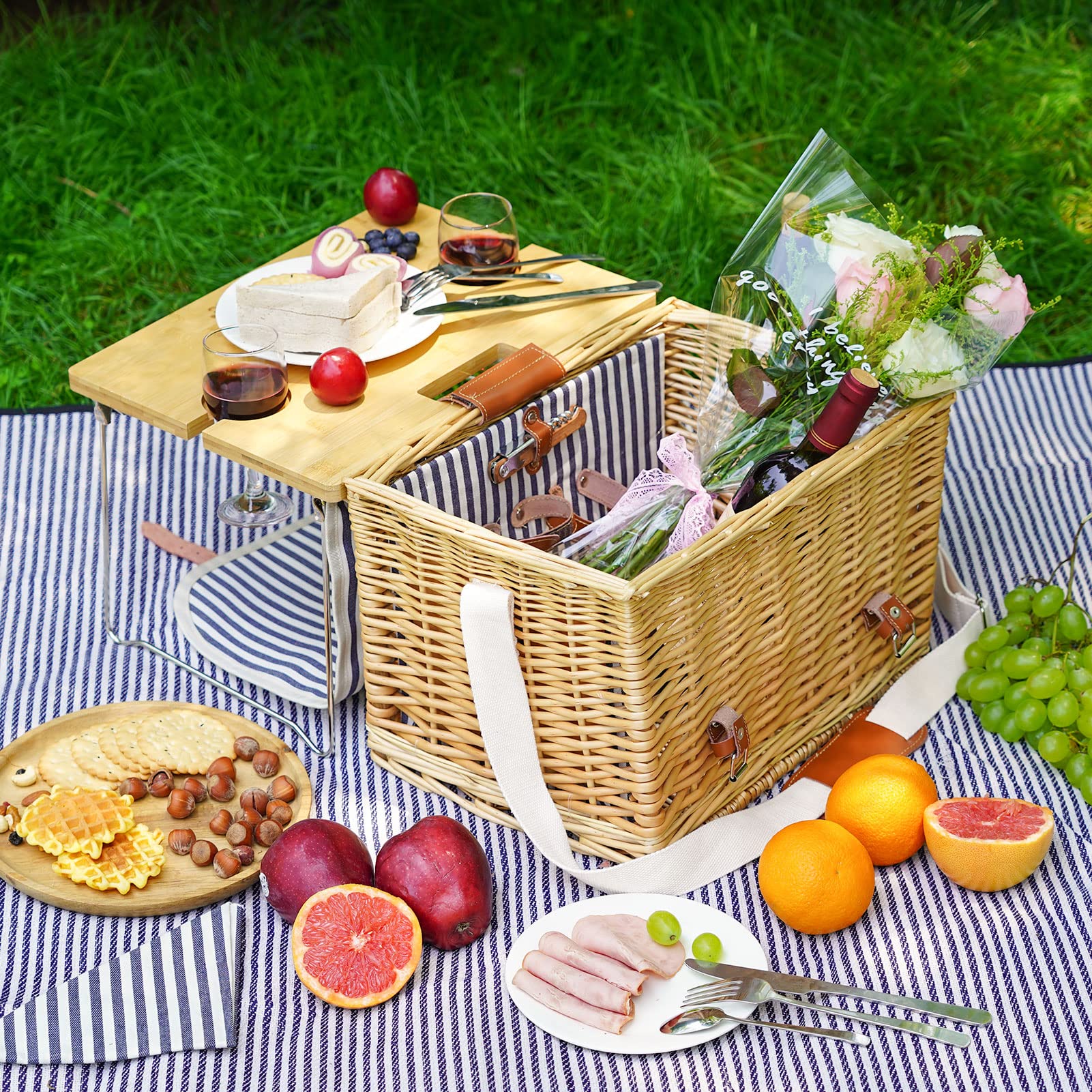 Premium Wicker Picnic Basket for 2 with Detachable Table - Wine Holder & Complete Tableware Set - Perfect for Outdoor, Wedding, Anniversary Gifts - Great for Beach, Park, Camping & Romantic Dates