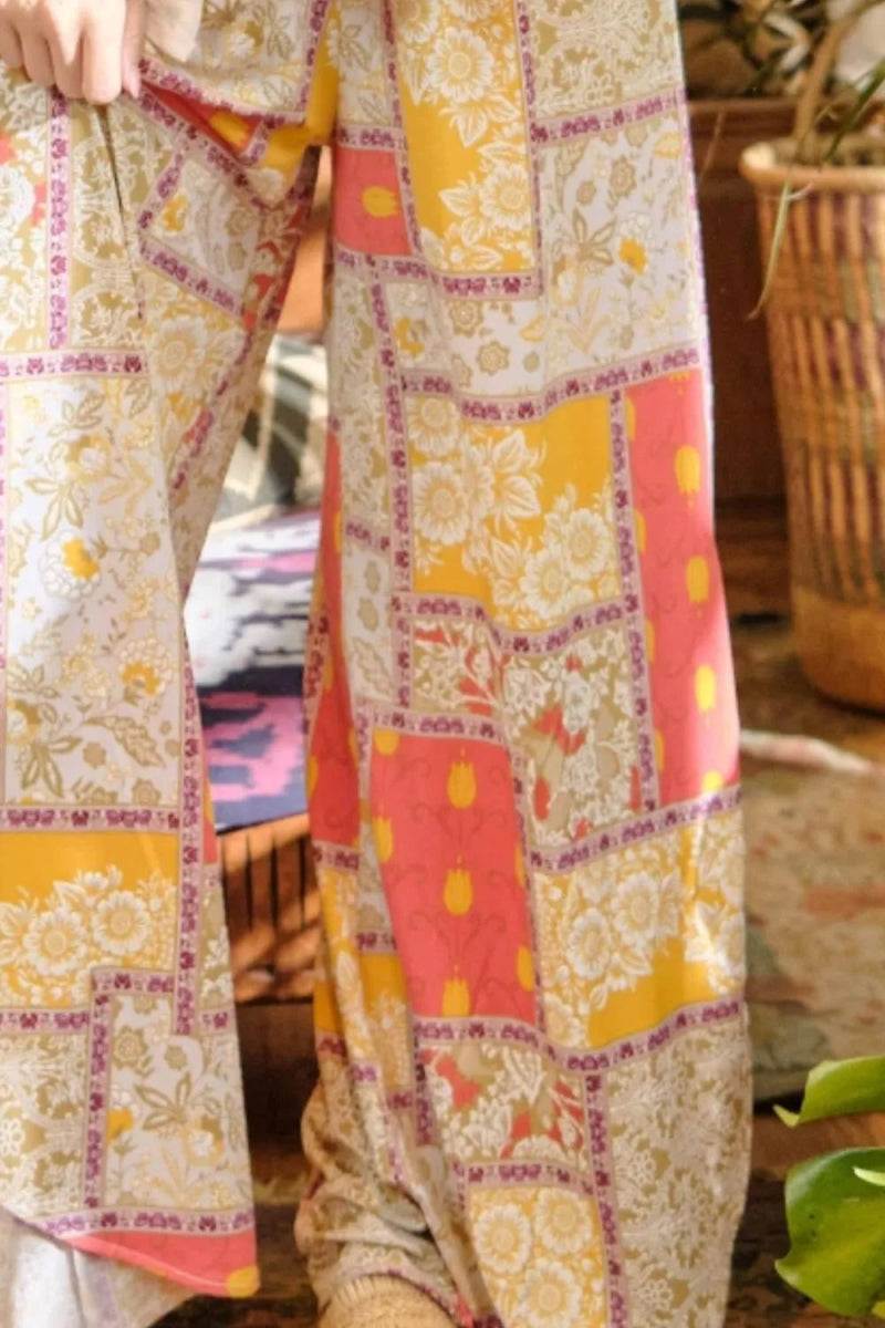 Stylish Printed Smocked Waist Wide Leg Pants with Side Slits - Comfortable & Trendy Women's Fashion for Casual Wear, Office Outfits & Summer Vacations
