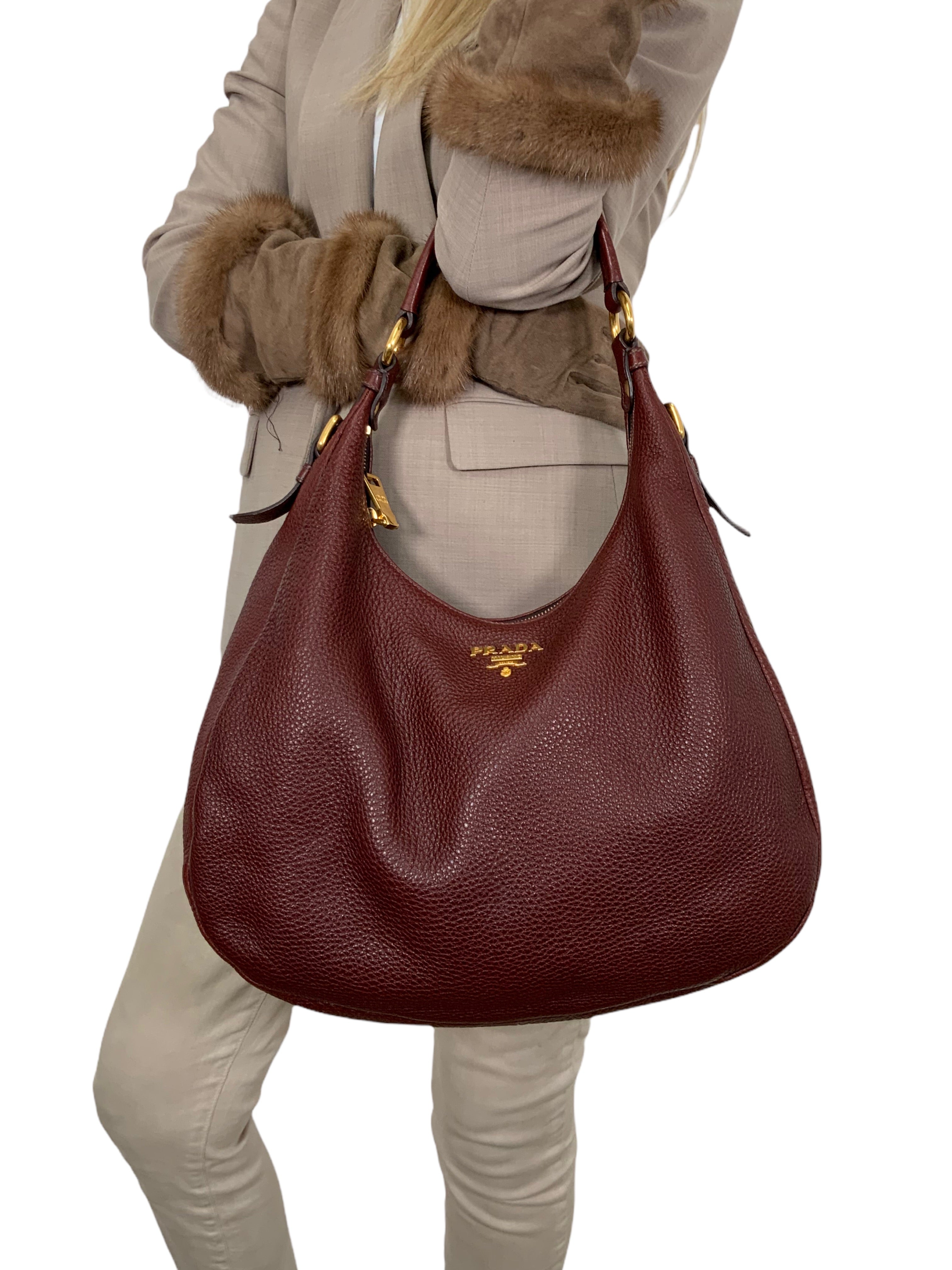 Prada Leather Vitello Daino Hobo Bag for Women | Luxury Designer Handbag | Everyday Crossbody Purse for Work, Travel & Shopping