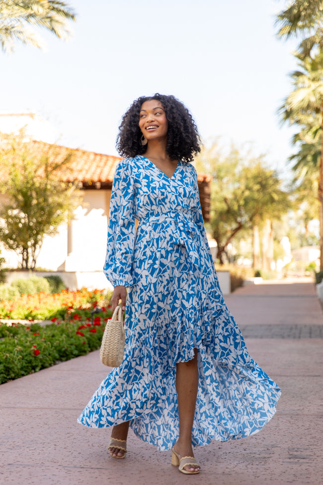 Palmetto Paradise Blue and White Long Sleeve Maxi Dress for Women - Boho Floral Beach Cover Up, Summer Vacation Dress, Perfect for Pool Parties & Tropical Getaways