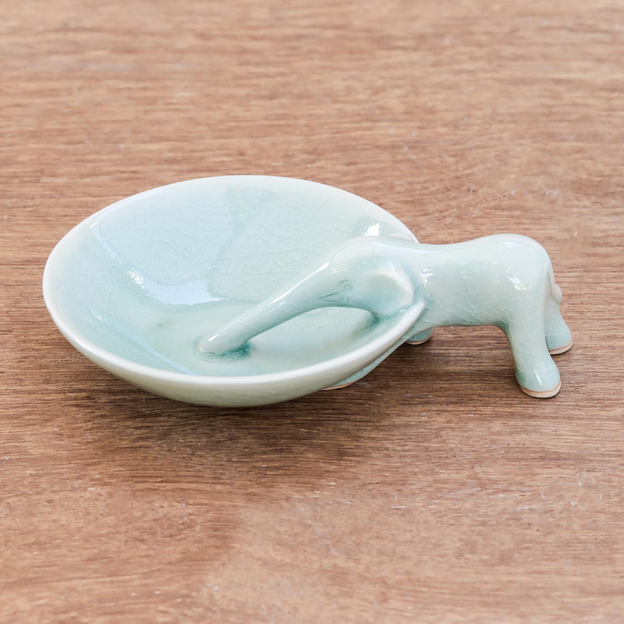 NOVICA Handmade Green Ceramic Elephant Incense Holder - 'Sipping Elephant' Statue for Home Decor, Yoga Meditation & Gift Giving