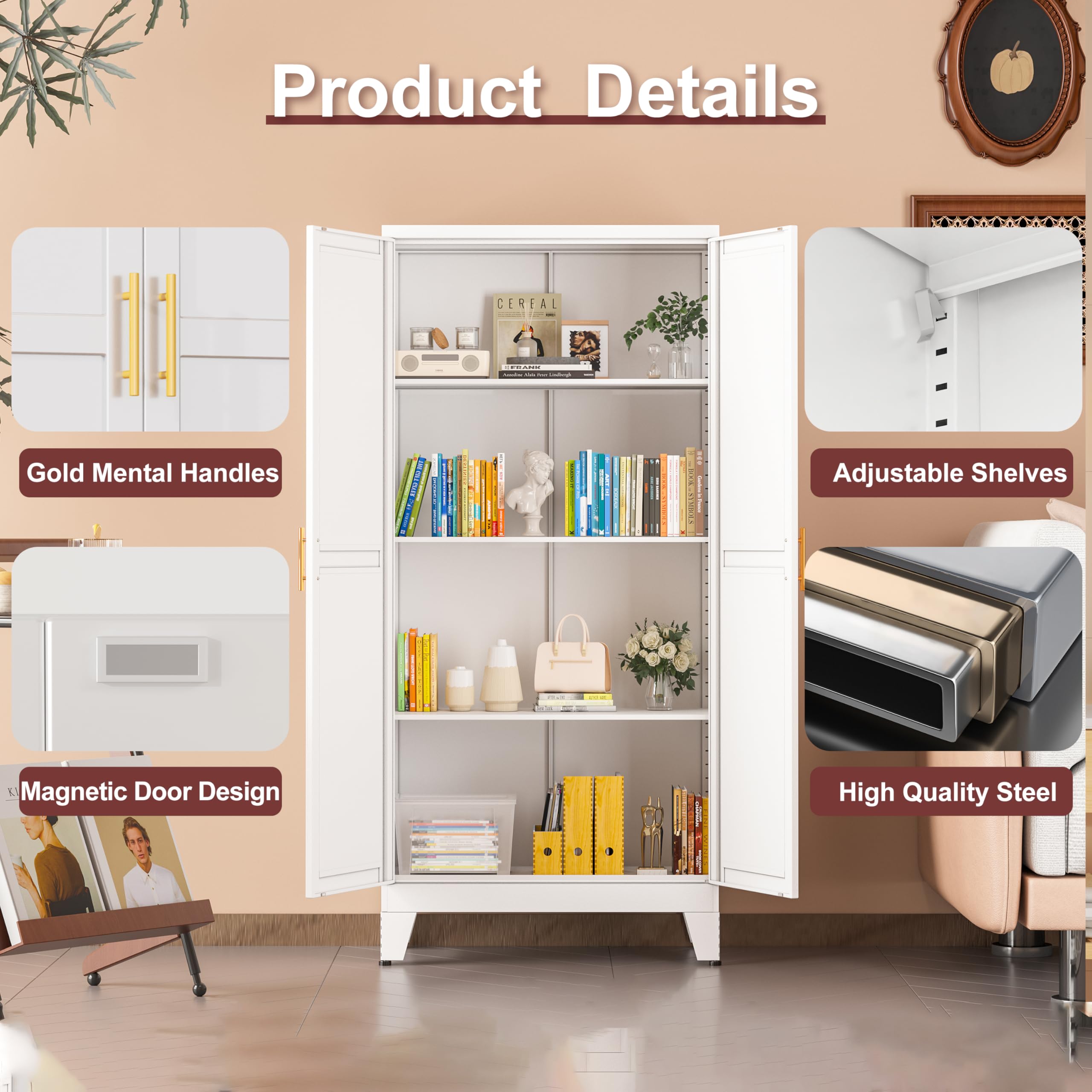 White Metal Pantry Cabinet with 2 Doors & Adjustable Shelves - Kitchen Storage Cabinet with Gold Handles for Laundry, Living Room, Bathroom & Dining Room - Perfect for Organizing Spices, Linens & Household Items