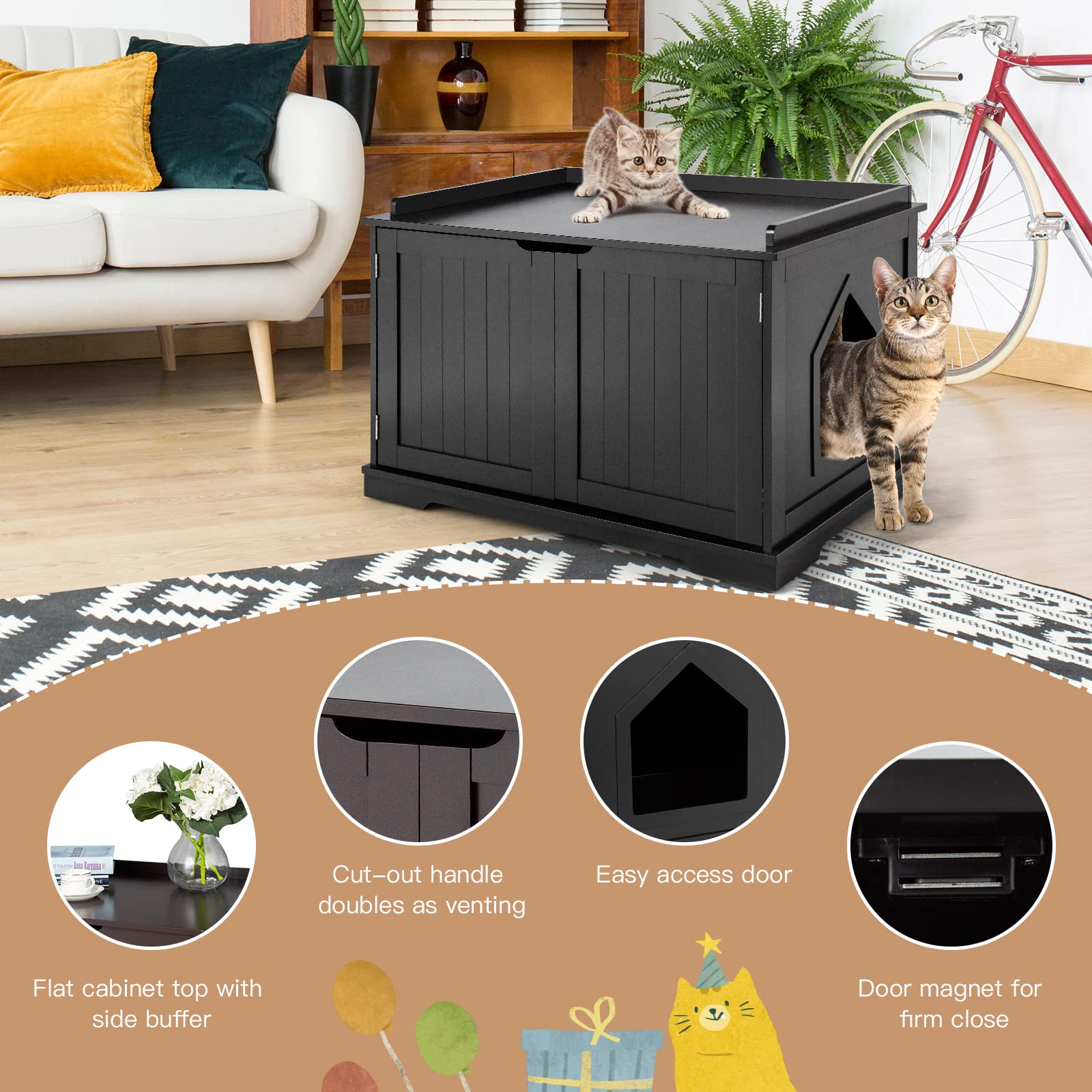 PETSITE Wooden Cat Litter Box Enclosure - Hidden Litter Box Bench with Double Doors, Removable Divider & Storage Shelf | Stylish Cat Litter Box Furniture for Home, Living Room or Bedroom (Black)
