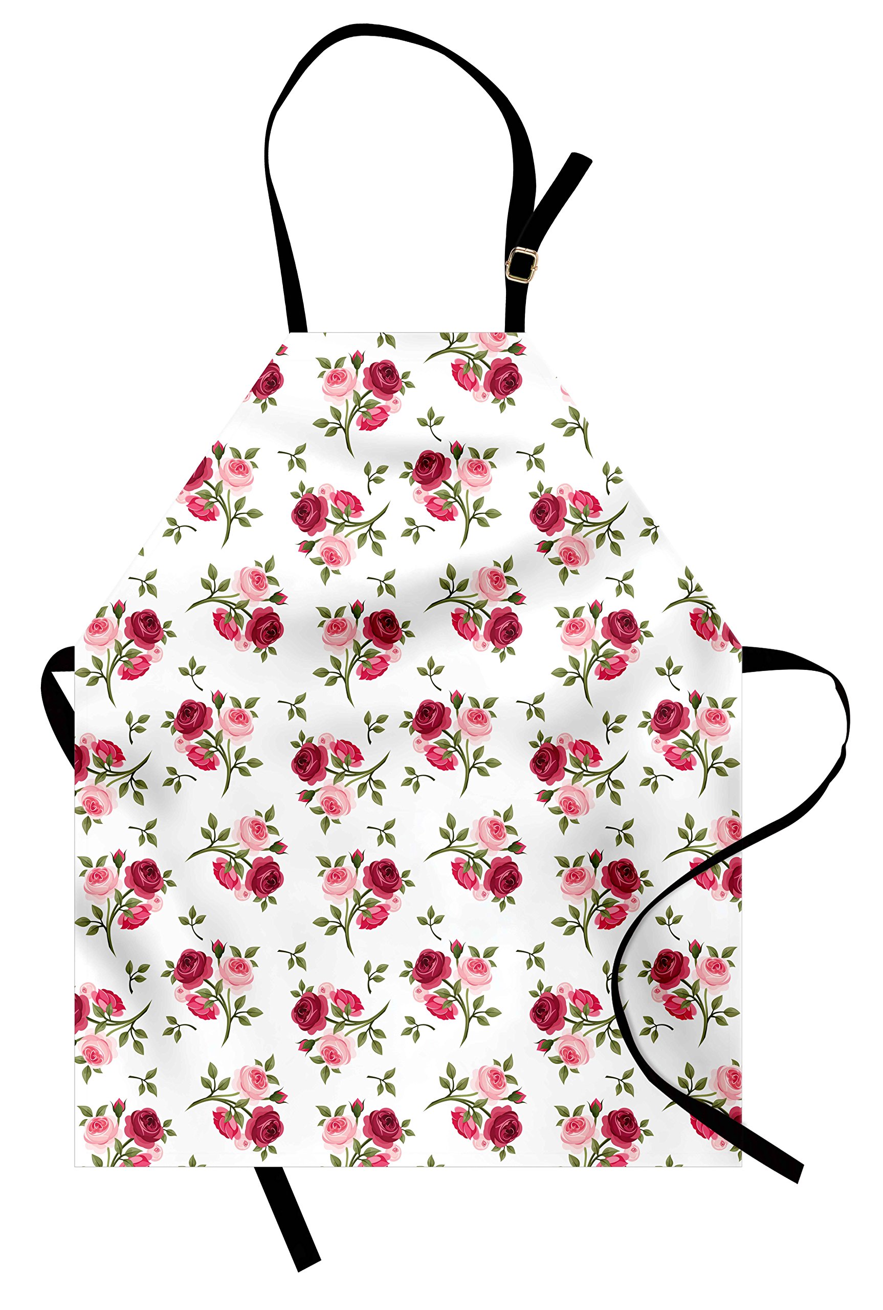 Lunarable Unisex Adjustable Kitchen Apron - Classic English Rose Garden Design in Pale Pink & Fern Green for Cooking, Baking, Gardening | Perfect for Home Chefs, Bakers & Outdoor Enthusiasts