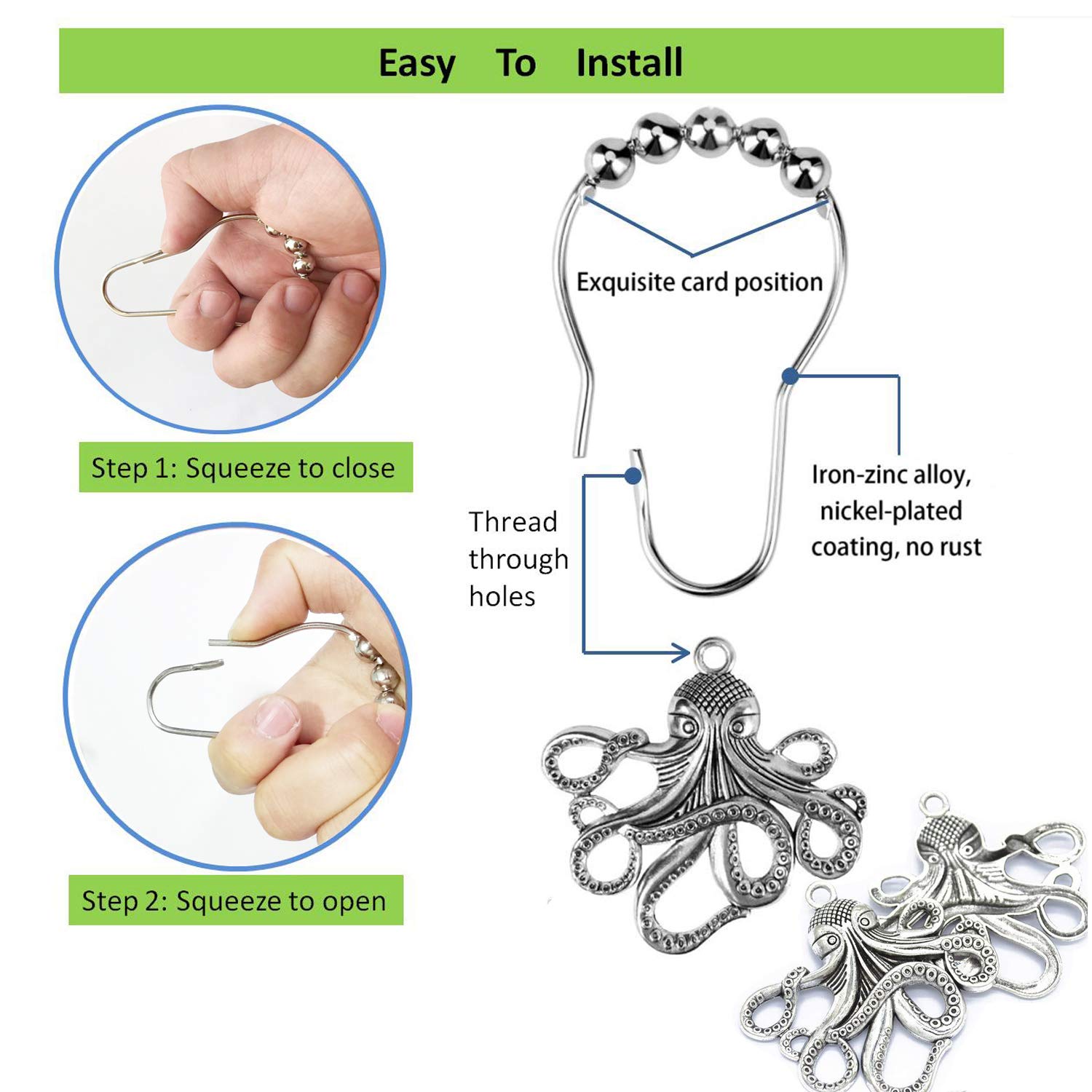 Silver Metal Octopus Shower Curtain Hooks & Rings - Decorative Bathroom Hangers for Ocean/Beach Theme Decor, Tropical Sea Bathroom Accessories Set - Perfect for Coastal, Nautical & Beach House Bathrooms