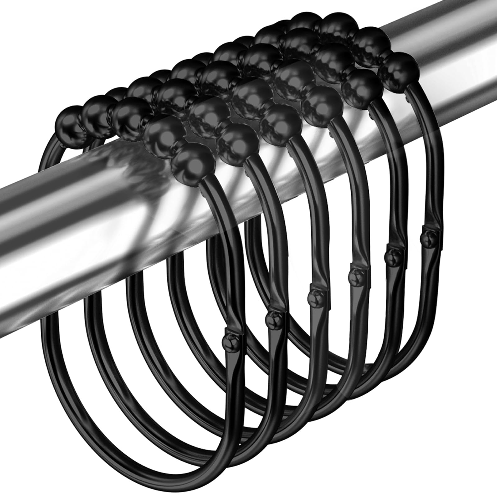 12PCS Stainless Steel Shower Curtain Hooks - Rust Proof Heavy Duty Bathroom Curtain Rings with Smooth Glide Rollers (Black, Set of 12) - Perfect for Bathroom, Hotel & Spa Decor