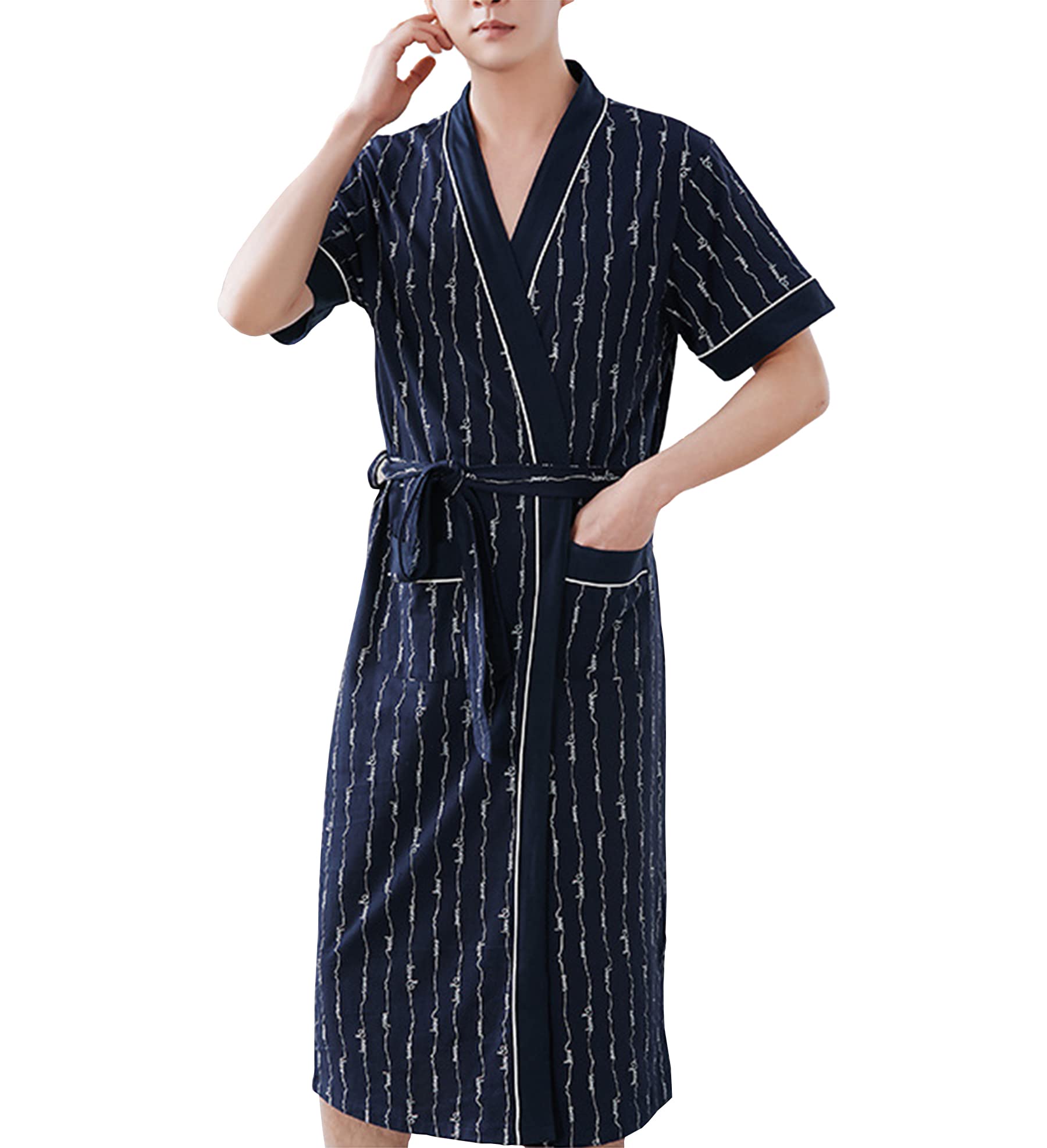 Japanese-Style Men's Kimono Striped Cardigan Bathrobe - Cotton Long Thin Robe with Loose Tie, Large Size - Perfect for Lounging, Spa Days & Relaxation at Home