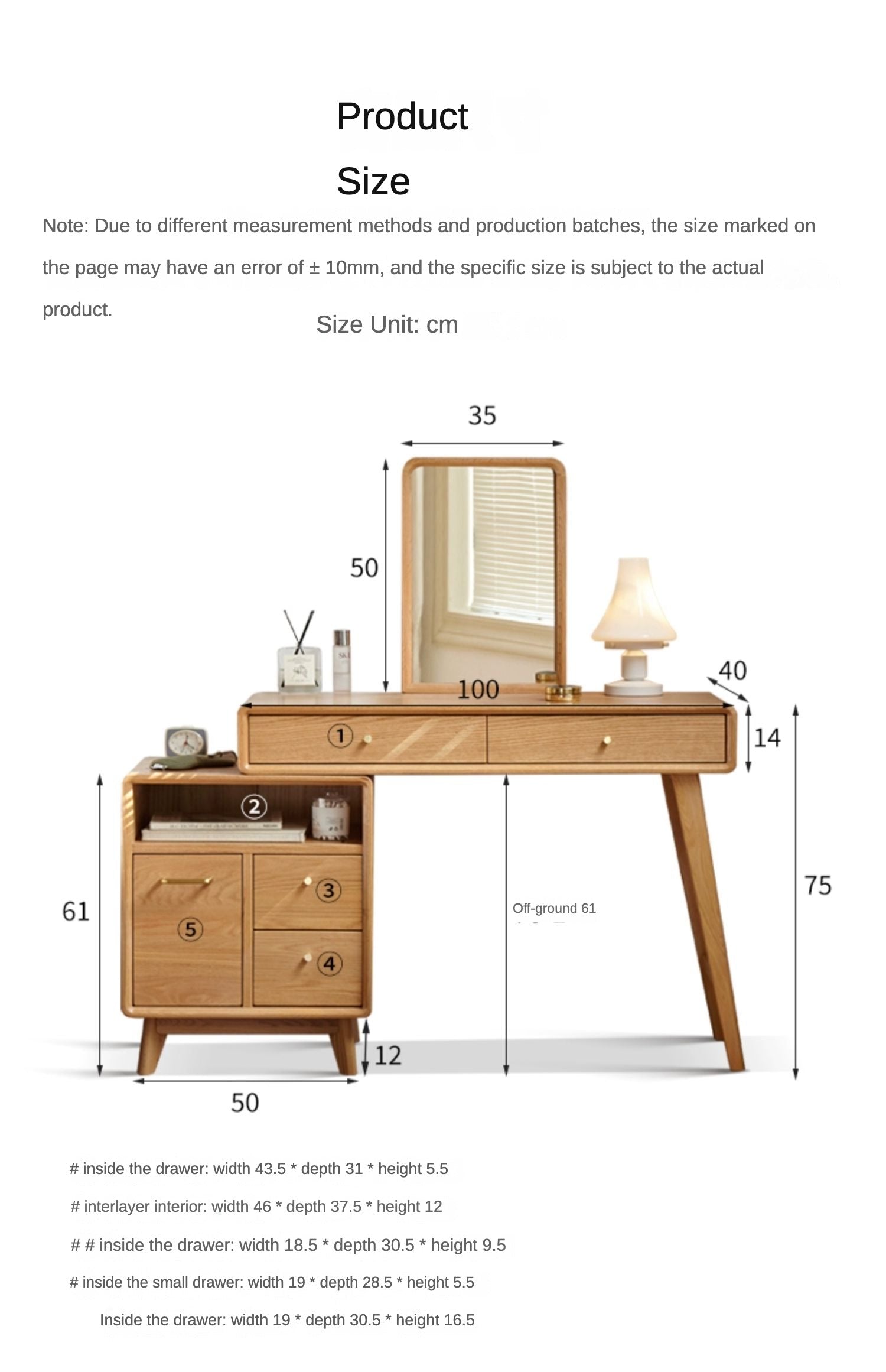 Solid Oak Wood Extendable Vanity Dressing Table with Mirror - Perfect for Bedroom Makeup & Jewelry Storage