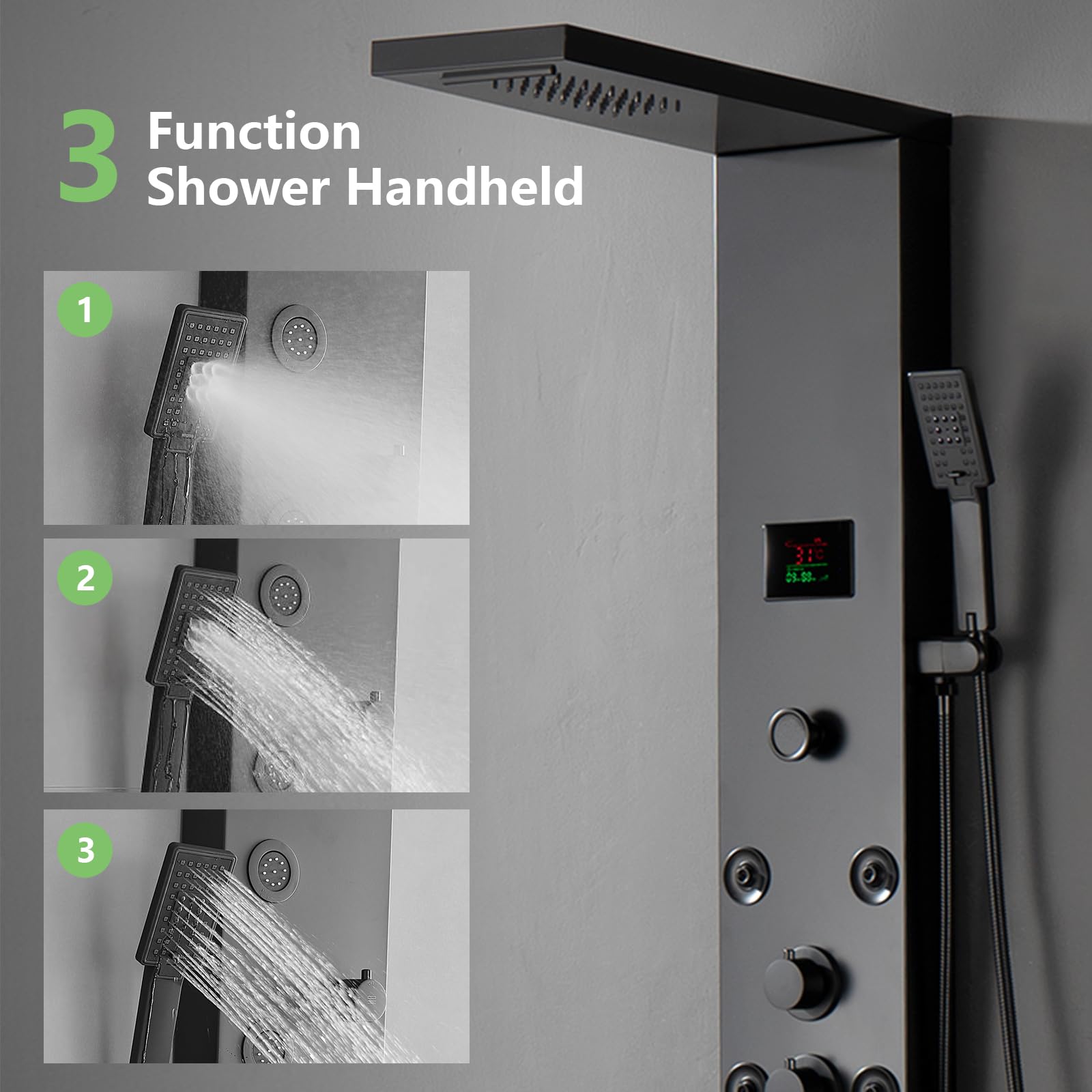 Premium Matte Black LED Shower Panel System with Rainfall Shower Head, Handheld Massage Jets & 304 Stainless Steel Storage Shelf - Modern Waterfall Bathtub Upgrade for Luxury Spa-Like Bathroom Experience