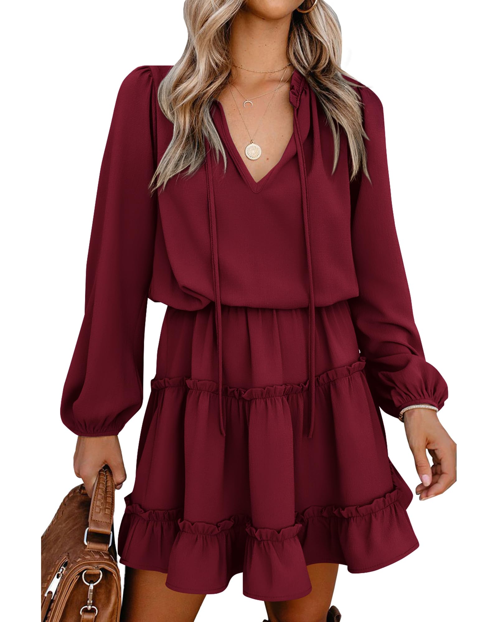 BTFBM Women's Casual Summer Spring Dress 2025 - Tie Neck Long Sleeve High Waist Tiered Ruffle A-Line Swing Tunic Mini Dress for Beach, Party & Daily Wear